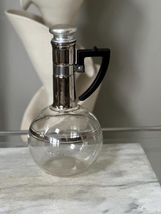 Vintage MCM Inland Glass Drink Pitcher / Decanter with Cork Top | Chrome & Black Bakelite Handle | Silver Gilt Trim | Mid Century Barware