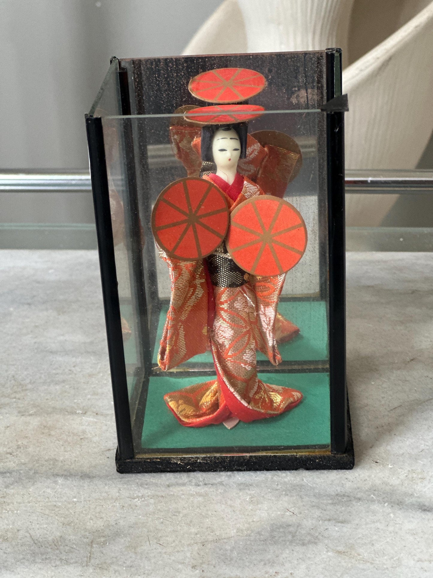 Vintage OMC Japan Geisha (Maiko) Doll in Glass Case | Musume Dōjōji “Red Hat Dance” Inspired Figurine | Red & Gold Kimono | 5.25”