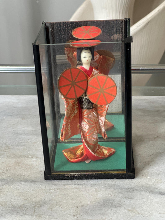 Vintage OMC Japan Geisha (Maiko) Doll in Glass Case | Musume Dōjōji “Red Hat Dance” Inspired Figurine | Red & Gold Kimono | 5.25”