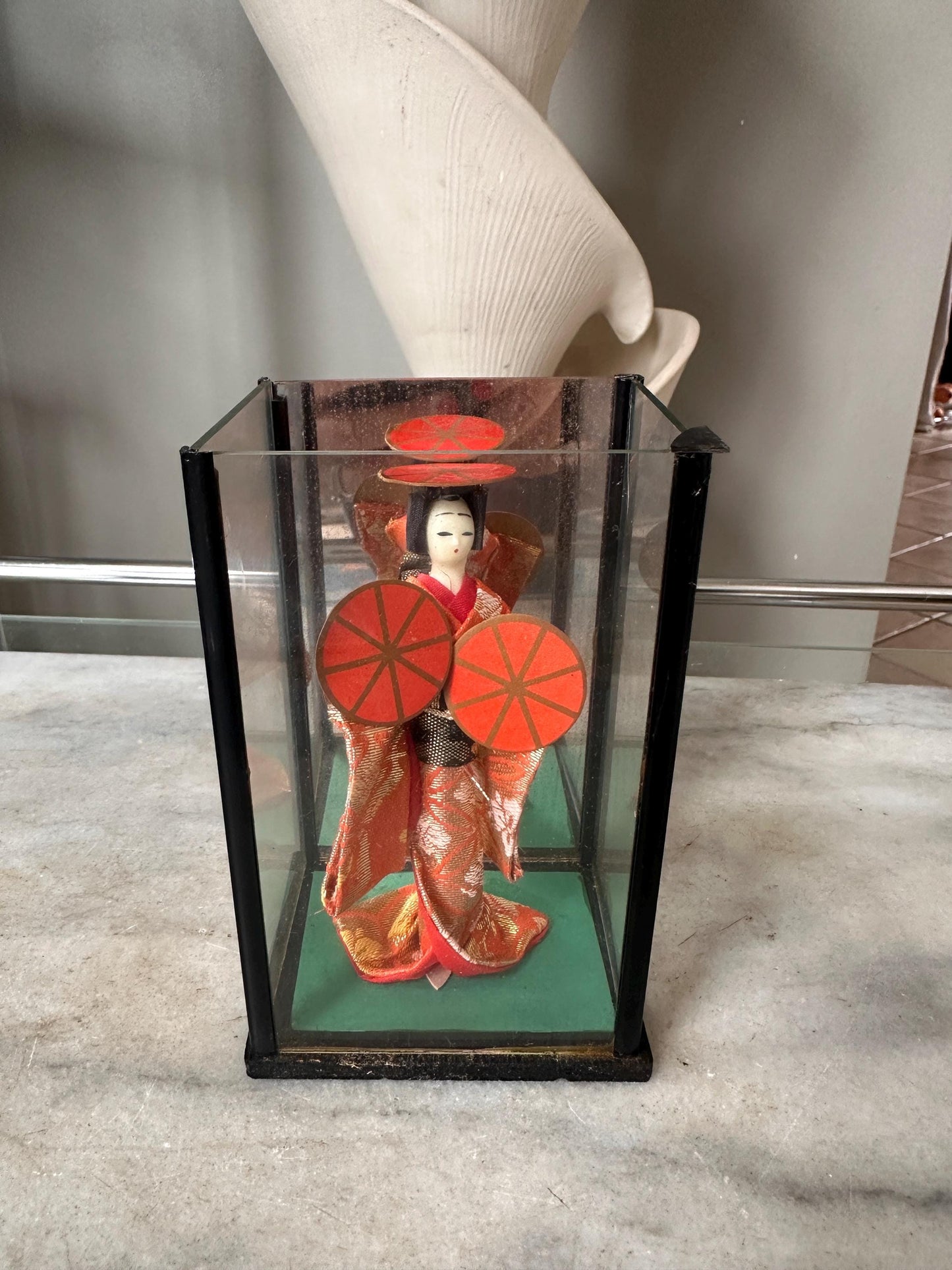 Vintage OMC Japan Geisha (Maiko) Doll in Glass Case | Musume Dōjōji “Red Hat Dance” Inspired Figurine | Red & Gold Kimono | 5.25”