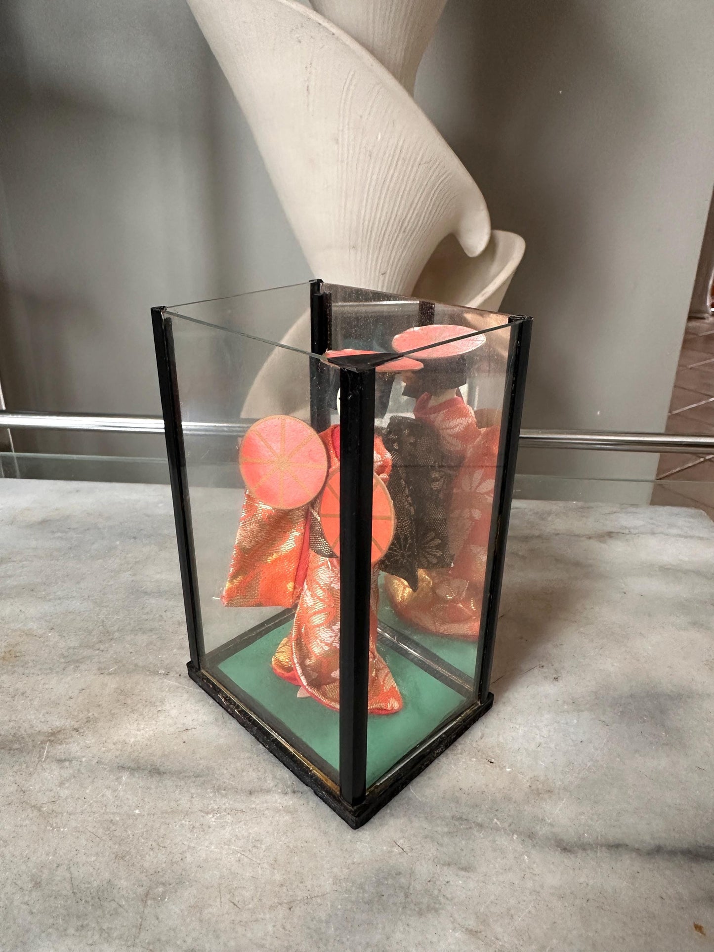 Vintage OMC Japan Geisha (Maiko) Doll in Glass Case | Musume Dōjōji “Red Hat Dance” Inspired Figurine | Red & Gold Kimono | 5.25”