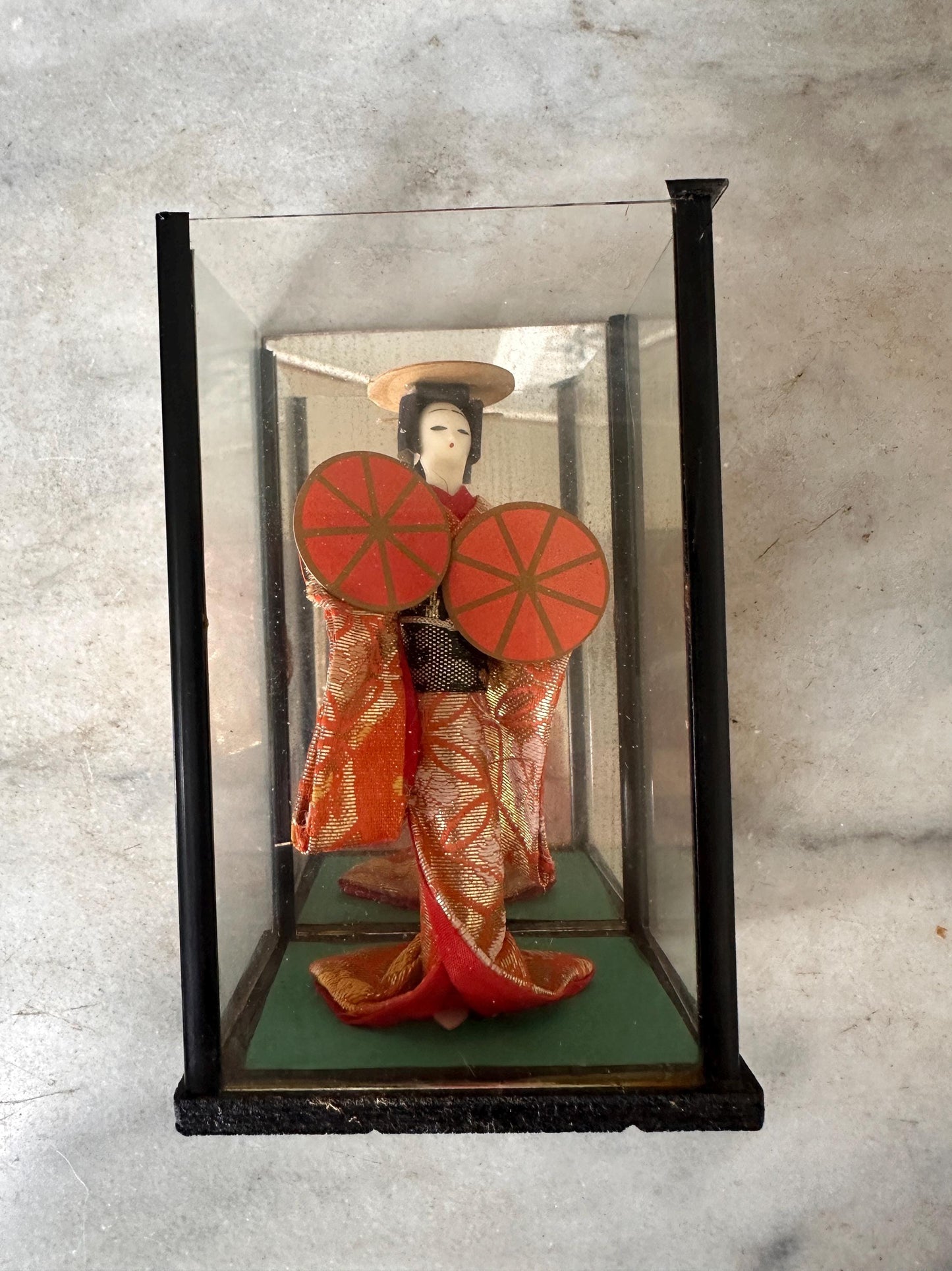 Vintage OMC Japan Geisha (Maiko) Doll in Glass Case | Musume Dōjōji “Red Hat Dance” Inspired Figurine | Red & Gold Kimono | 5.25”