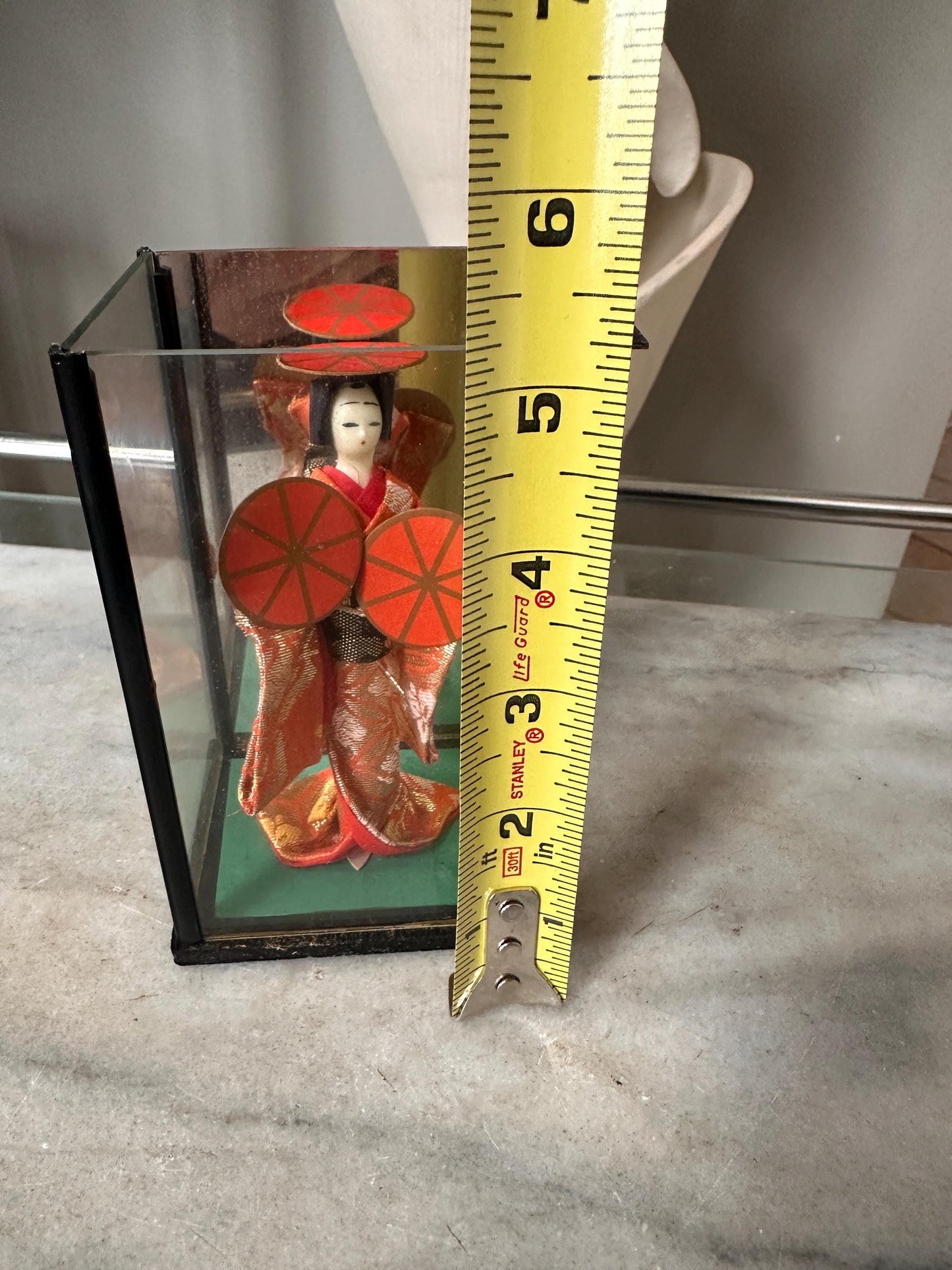 Vintage OMC Japan Geisha (Maiko) Doll in Glass Case | Musume Dōjōji “Red Hat Dance” Inspired Figurine | Red & Gold Kimono | 5.25”
