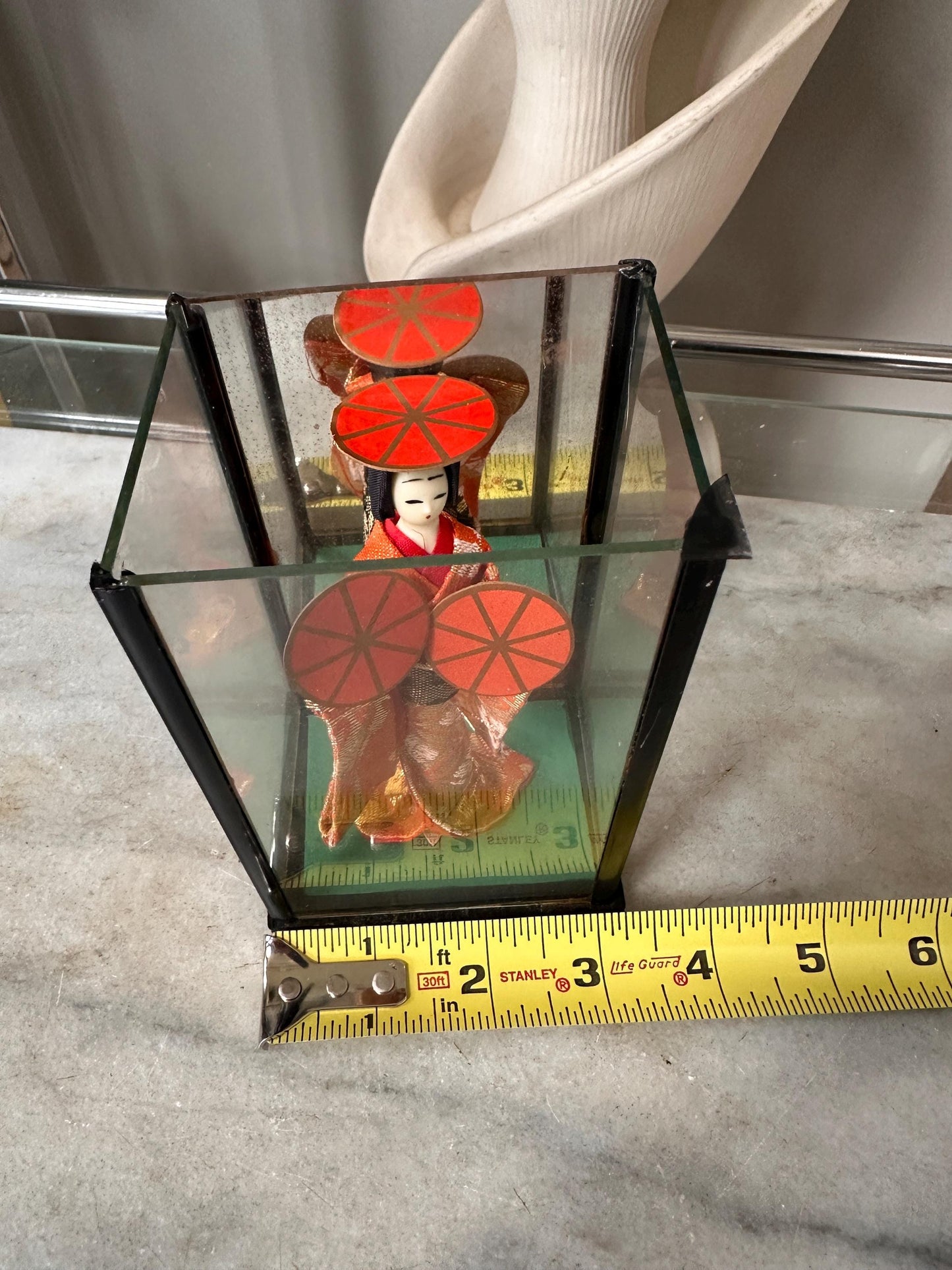 Vintage OMC Japan Geisha (Maiko) Doll in Glass Case | Musume Dōjōji “Red Hat Dance” Inspired Figurine | Red & Gold Kimono | 5.25”