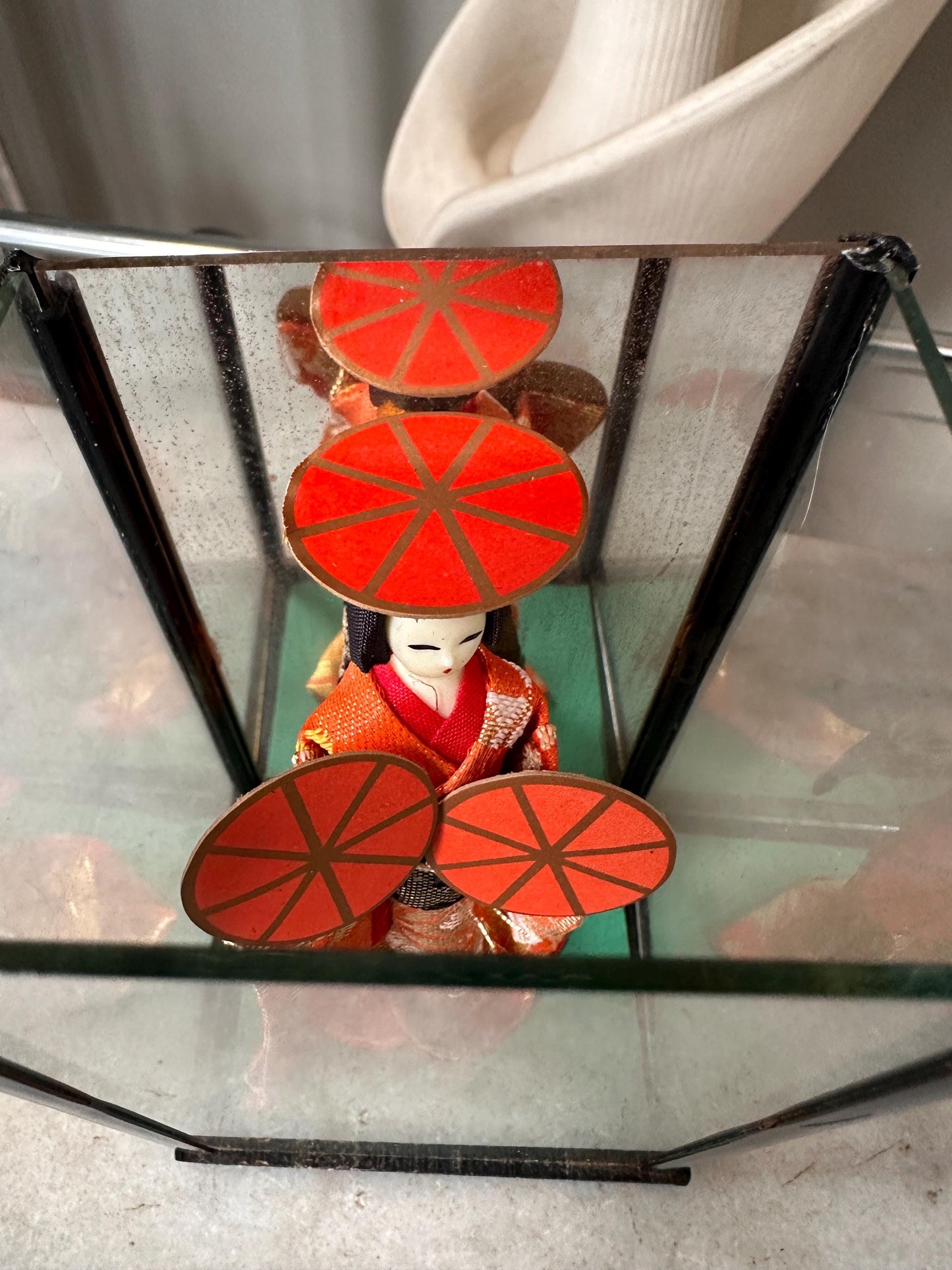 Vintage OMC Japan Geisha (Maiko) Doll in Glass Case | Musume Dōjōji “Red Hat Dance” Inspired Figurine | Red & Gold Kimono | 5.25”