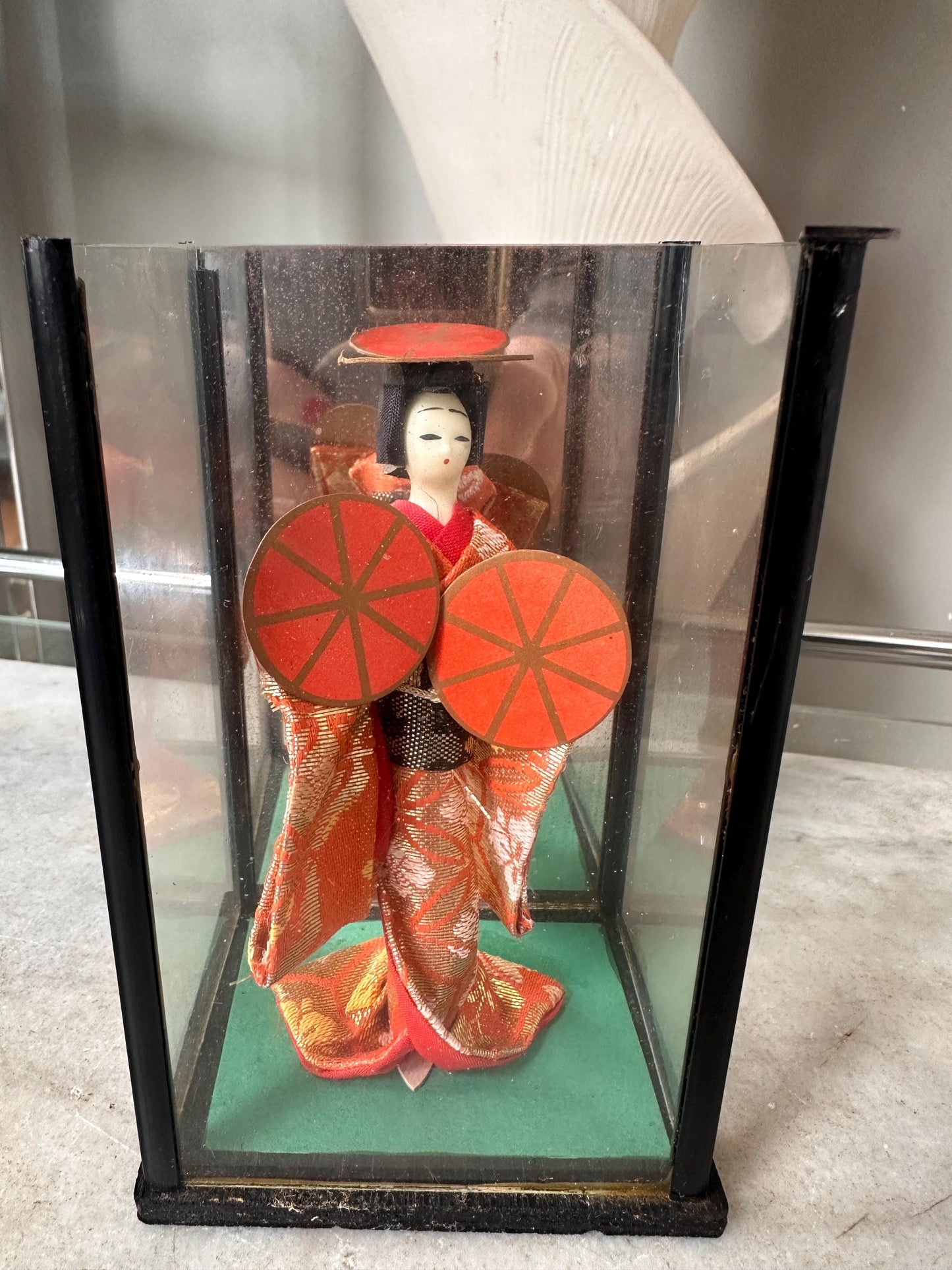 Vintage OMC Japan Geisha (Maiko) Doll in Glass Case | Musume Dōjōji “Red Hat Dance” Inspired Figurine | Red & Gold Kimono | 5.25”