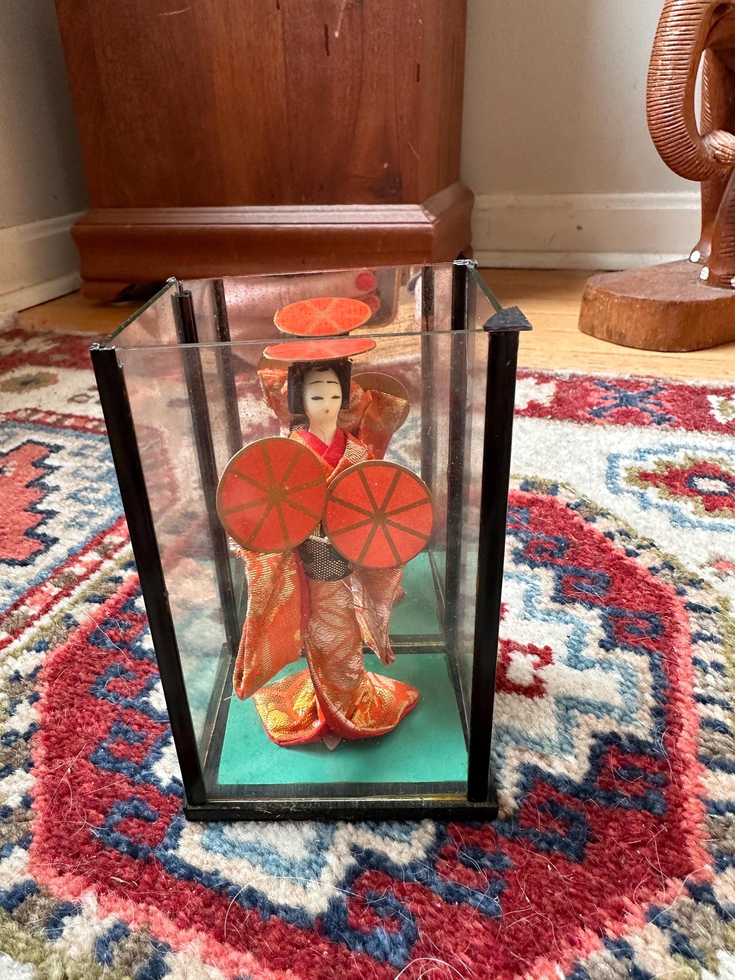 Vintage OMC Japan Geisha (Maiko) Doll in Glass Case | Musume Dōjōji “Red Hat Dance” Inspired Figurine | Red & Gold Kimono | 5.25”