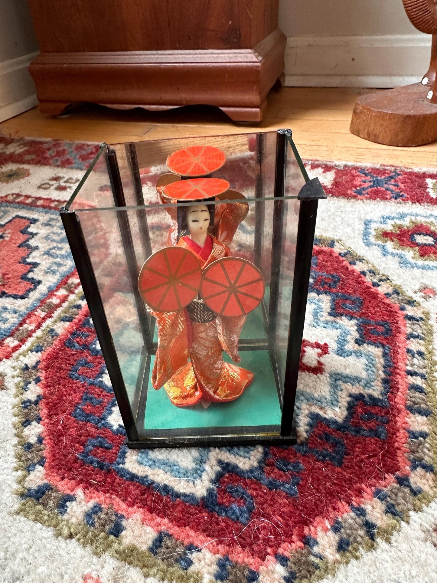 Vintage OMC Japan Geisha (Maiko) Doll in Glass Case | Musume Dōjōji “Red Hat Dance” Inspired Figurine | Red & Gold Kimono | 5.25”