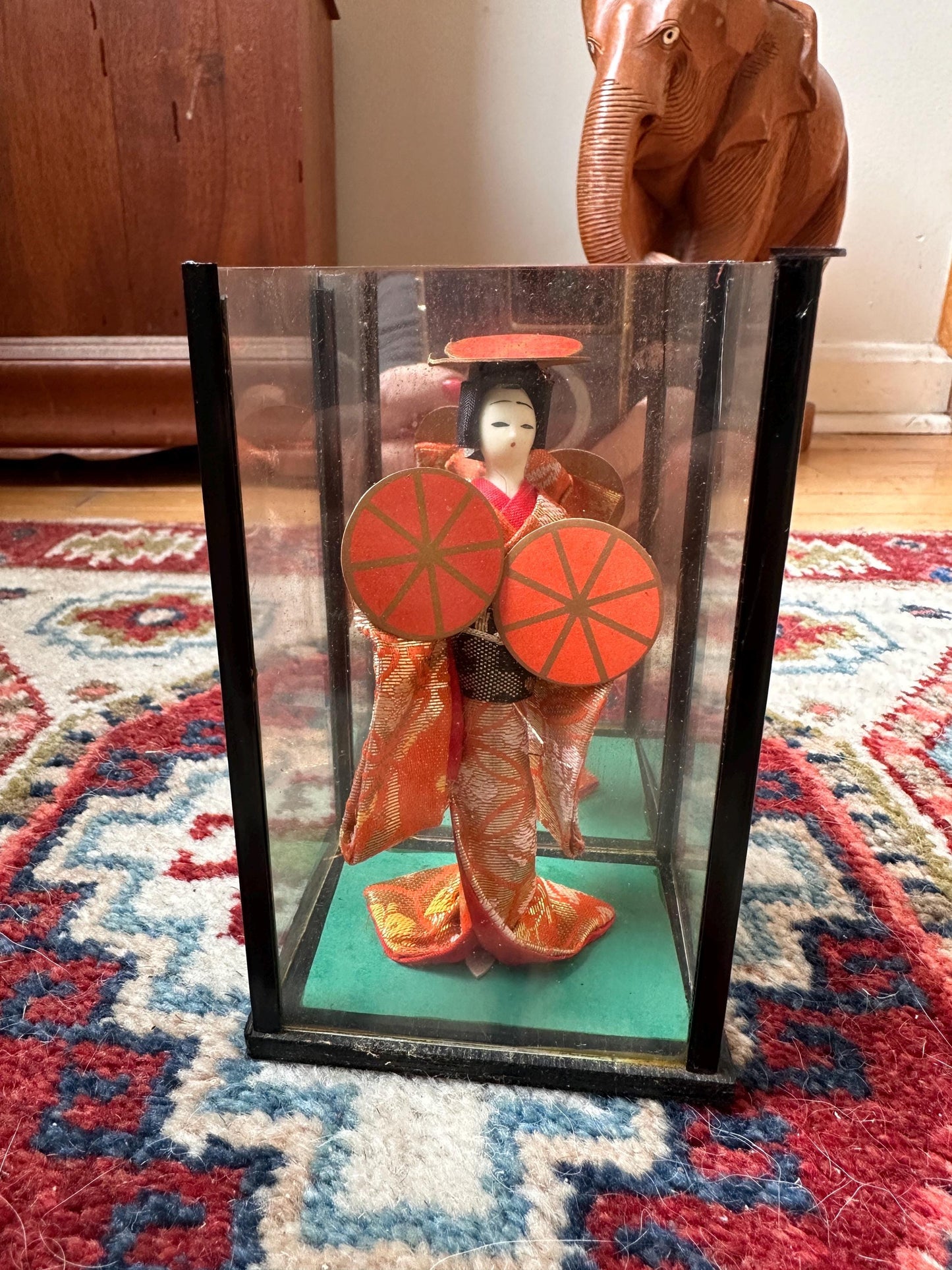 Vintage OMC Japan Geisha (Maiko) Doll in Glass Case | Musume Dōjōji “Red Hat Dance” Inspired Figurine | Red & Gold Kimono | 5.25”