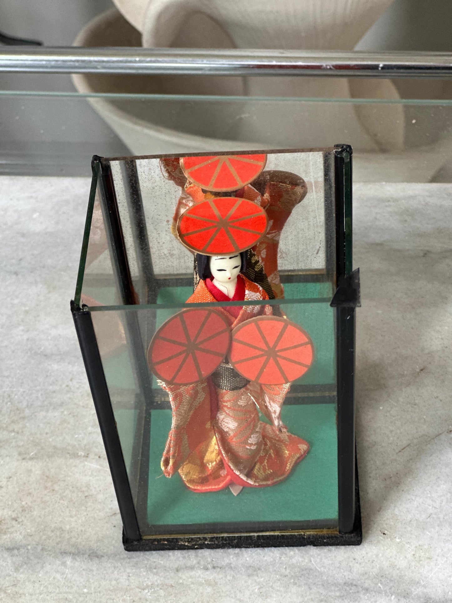 Vintage OMC Japan Geisha (Maiko) Doll in Glass Case | Musume Dōjōji “Red Hat Dance” Inspired Figurine | Red & Gold Kimono | 5.25”