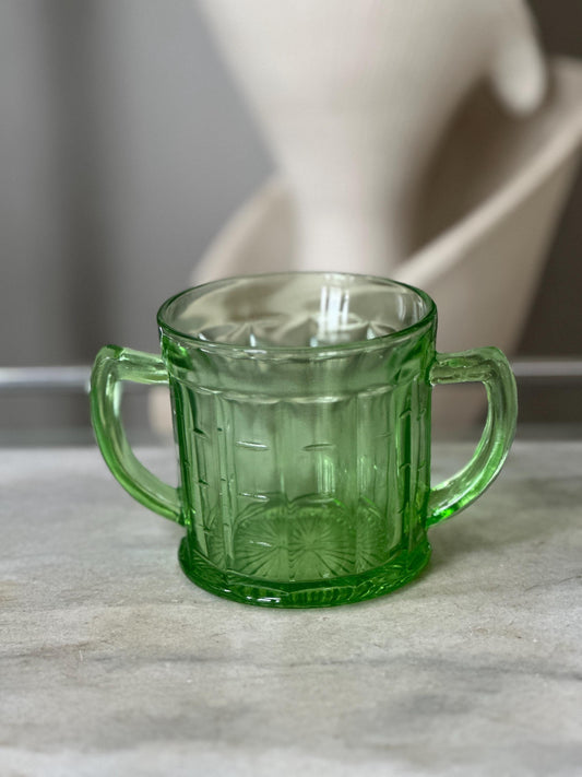 Vintage Hazel Atlas Colonial Block Green Depression Glass Open Sugar Bowl | Vaseline Green Glass with Handles | Elegant Collectible Serving