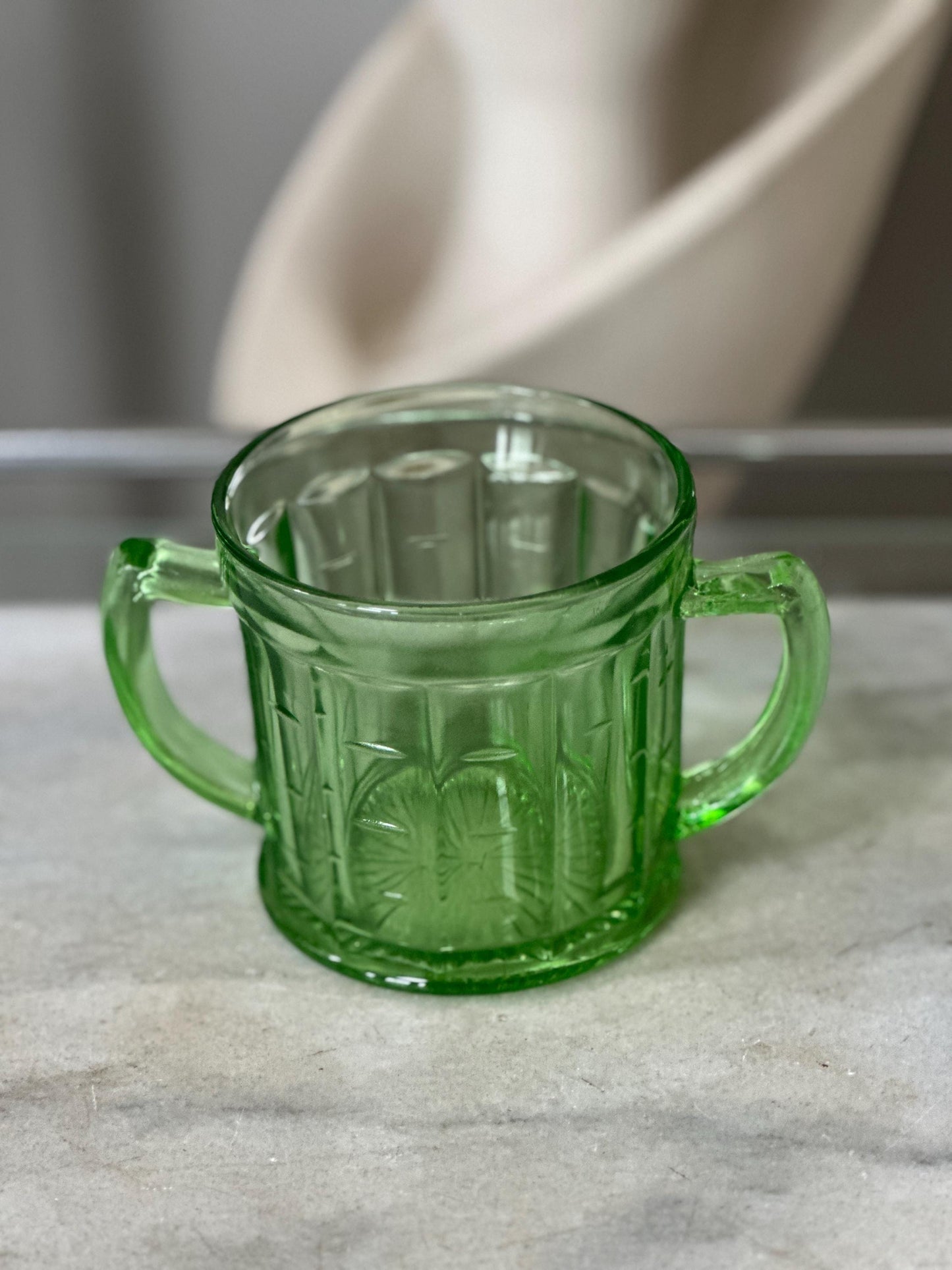Vintage Hazel Atlas Colonial Block Green Depression Glass Open Sugar Bowl | Vaseline Green Glass with Handles | Elegant Collectible Serving