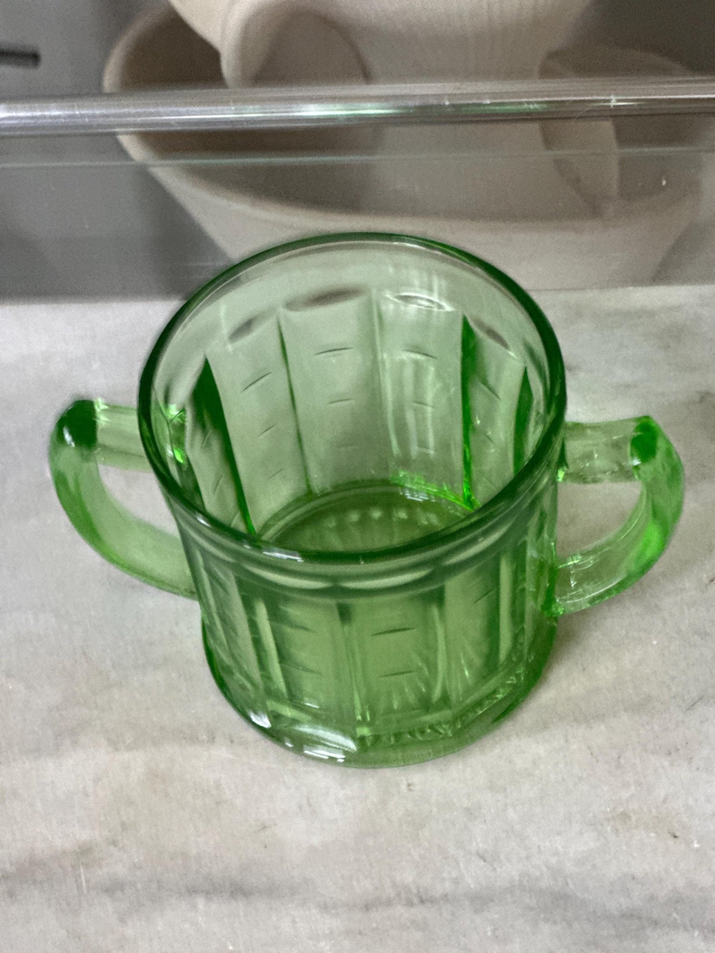 Vintage Hazel Atlas Colonial Block Green Depression Glass Open Sugar Bowl | Vaseline Green Glass with Handles | Elegant Collectible Serving
