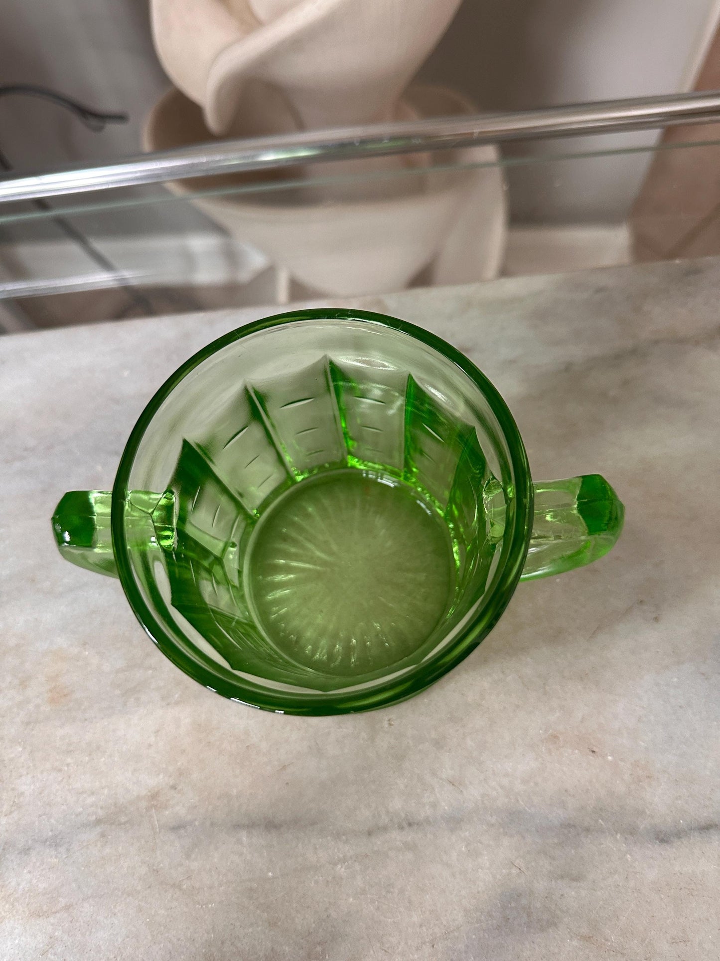 Vintage Hazel Atlas Colonial Block Green Depression Glass Open Sugar Bowl | Vaseline Green Glass with Handles | Elegant Collectible Serving