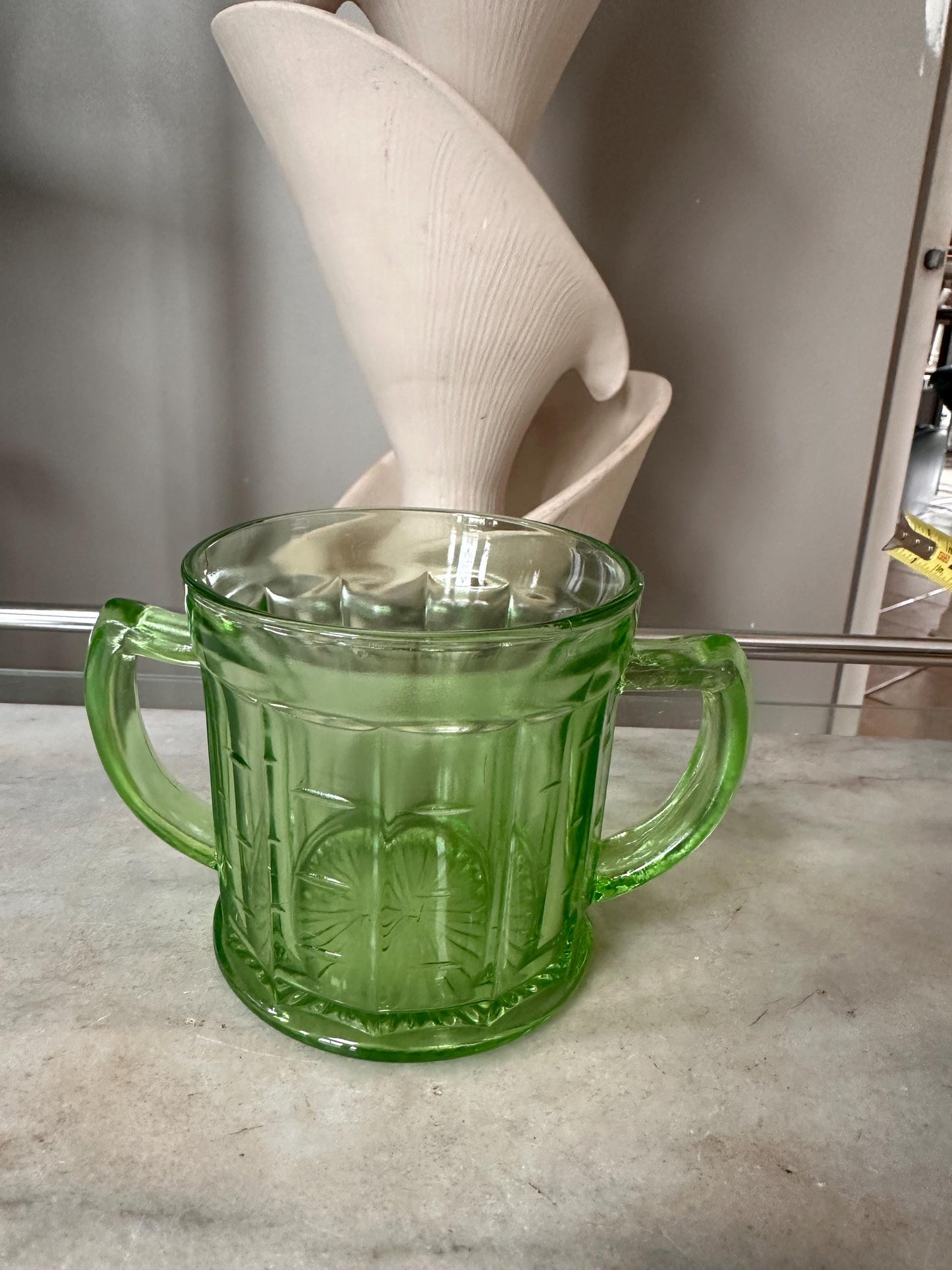 Vintage Hazel Atlas Colonial Block Green Depression Glass Open Sugar Bowl | Vaseline Green Glass with Handles | Elegant Collectible Serving