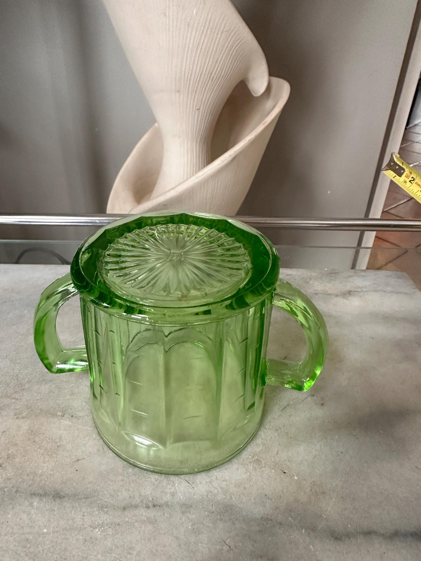 Vintage Hazel Atlas Colonial Block Green Depression Glass Open Sugar Bowl | Vaseline Green Glass with Handles | Elegant Collectible Serving