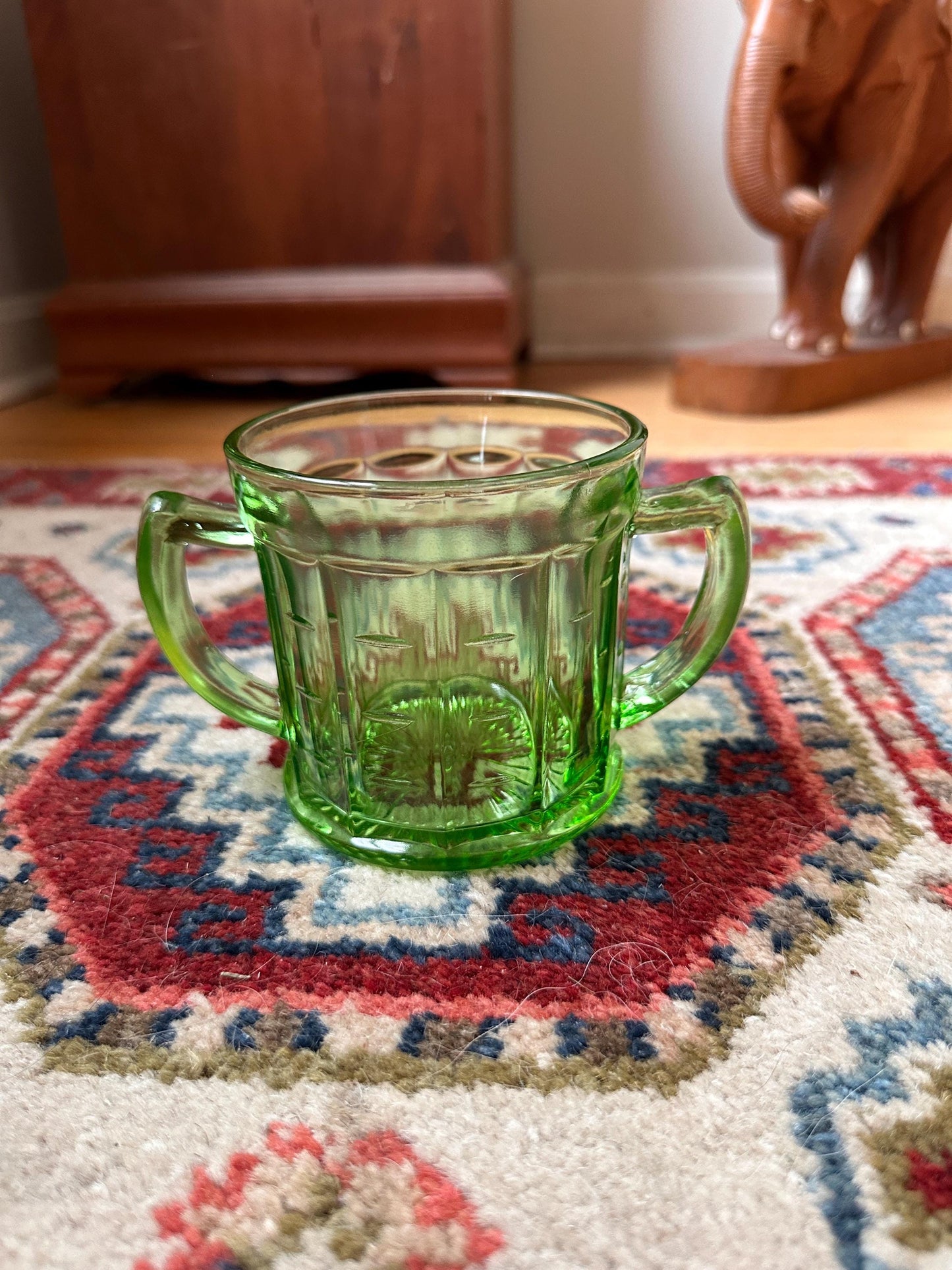 Vintage Hazel Atlas Colonial Block Green Depression Glass Open Sugar Bowl | Vaseline Green Glass with Handles | Elegant Collectible Serving