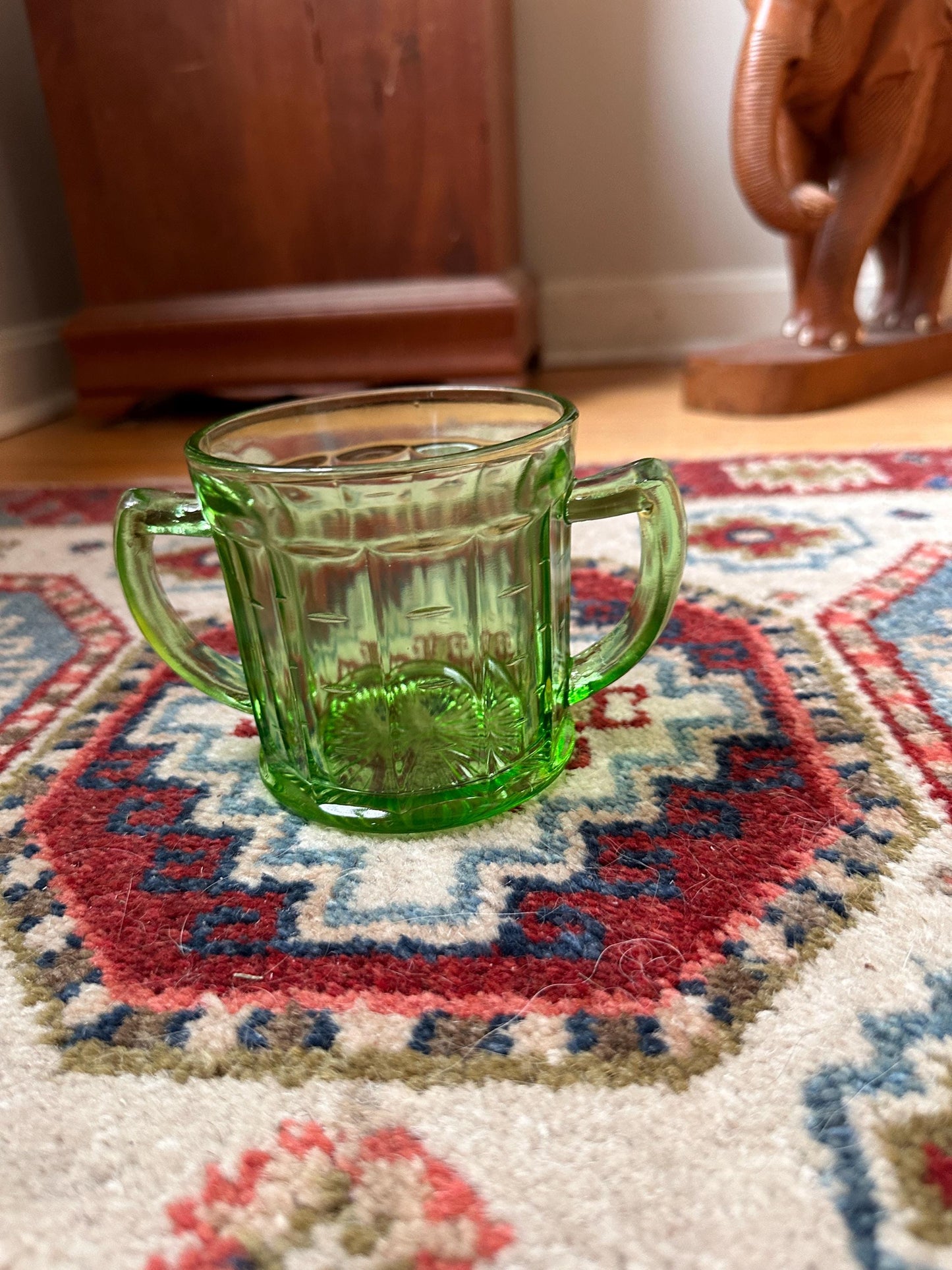 Vintage Hazel Atlas Colonial Block Green Depression Glass Open Sugar Bowl | Vaseline Green Glass with Handles | Elegant Collectible Serving