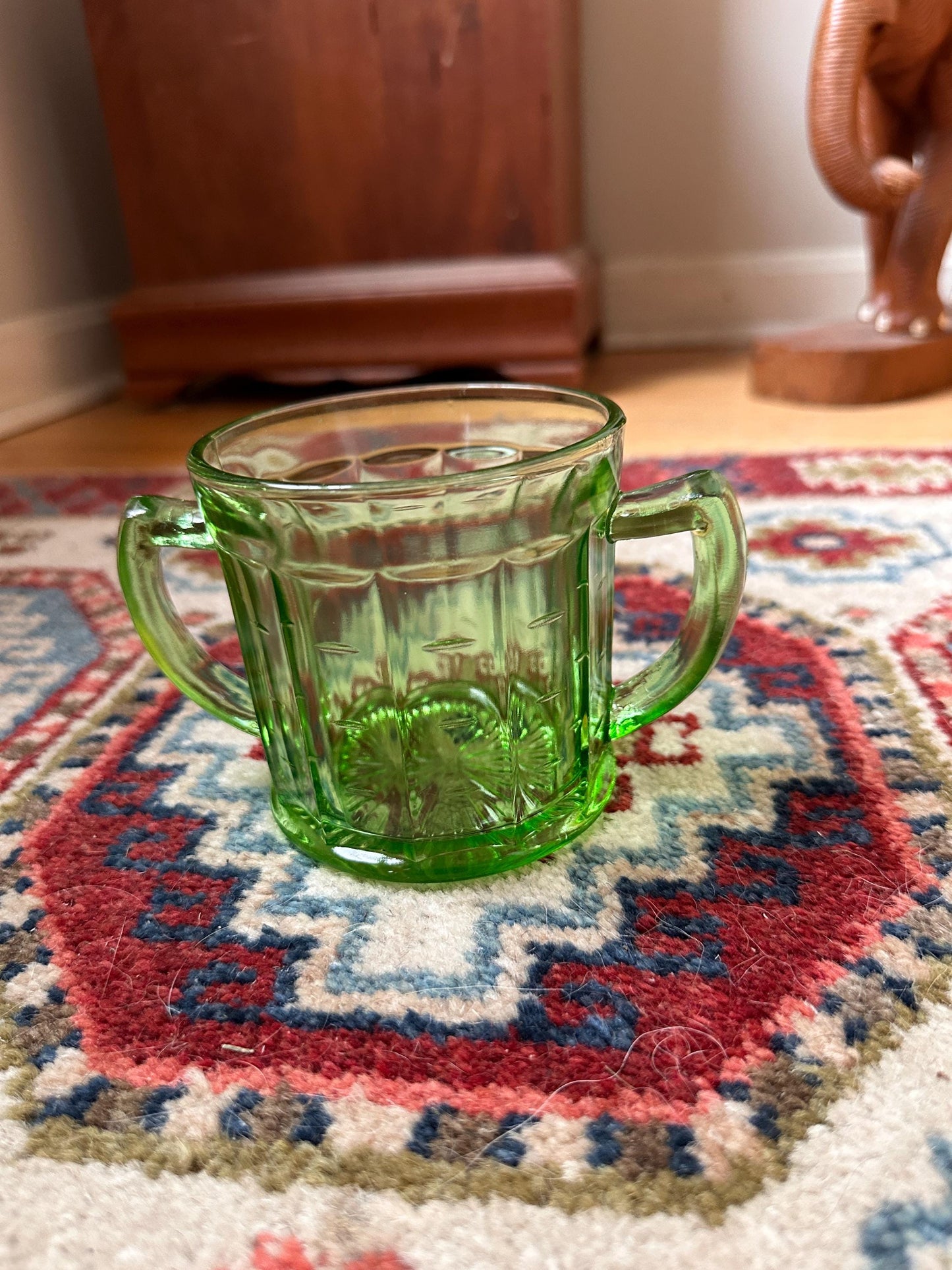 Vintage Hazel Atlas Colonial Block Green Depression Glass Open Sugar Bowl | Vaseline Green Glass with Handles | Elegant Collectible Serving