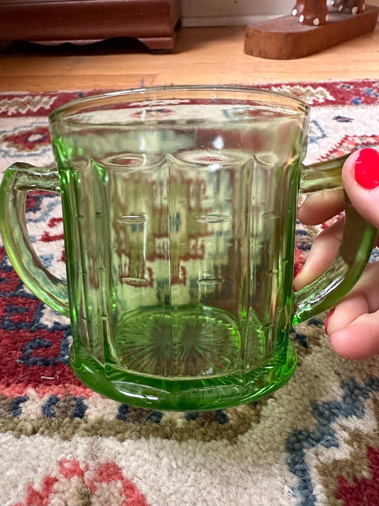 Vintage Hazel Atlas Colonial Block Green Depression Glass Open Sugar Bowl | Vaseline Green Glass with Handles | Elegant Collectible Serving