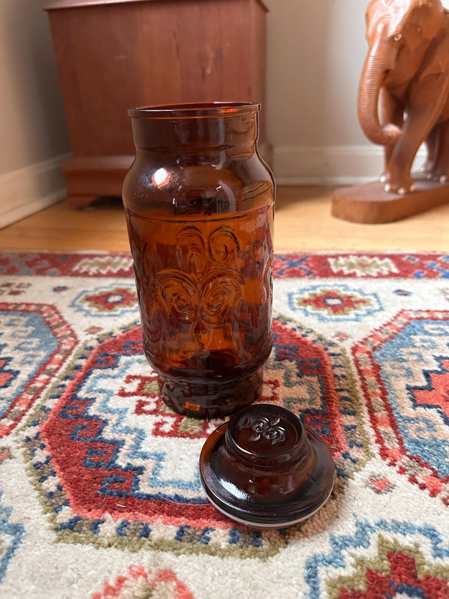 1970s Borden Cremora Amber Glass Canister: Fleur De Lis Apothecary Jar