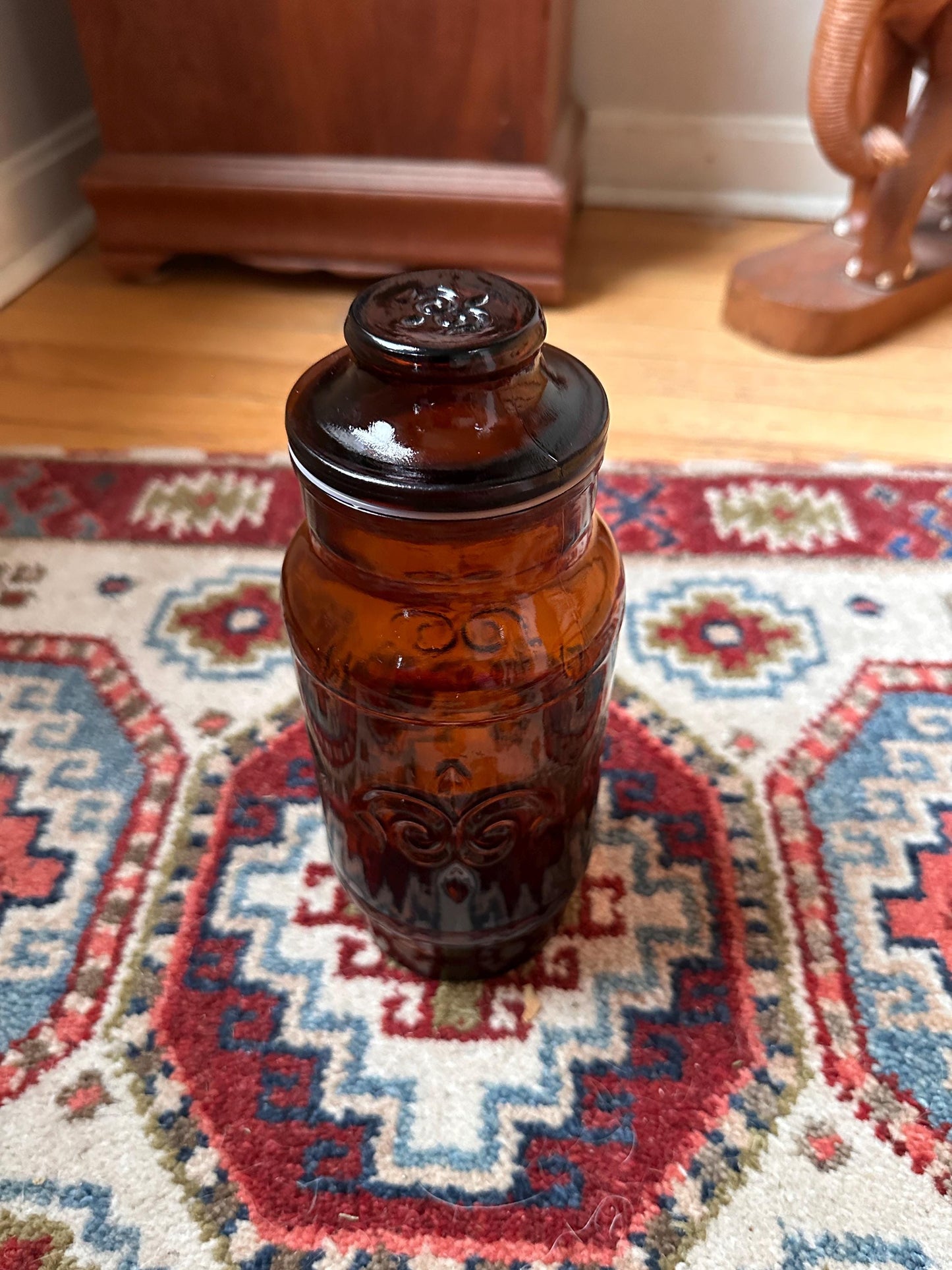 1970s Borden Cremora Amber Glass Canister: Fleur De Lis Apothecary Jar