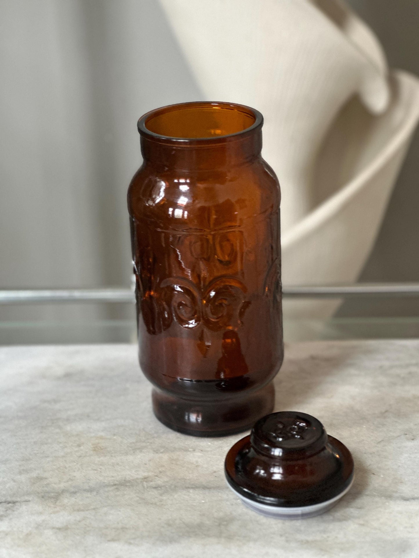 1970s Borden Cremora Amber Glass Canister: Fleur De Lis Apothecary Jar