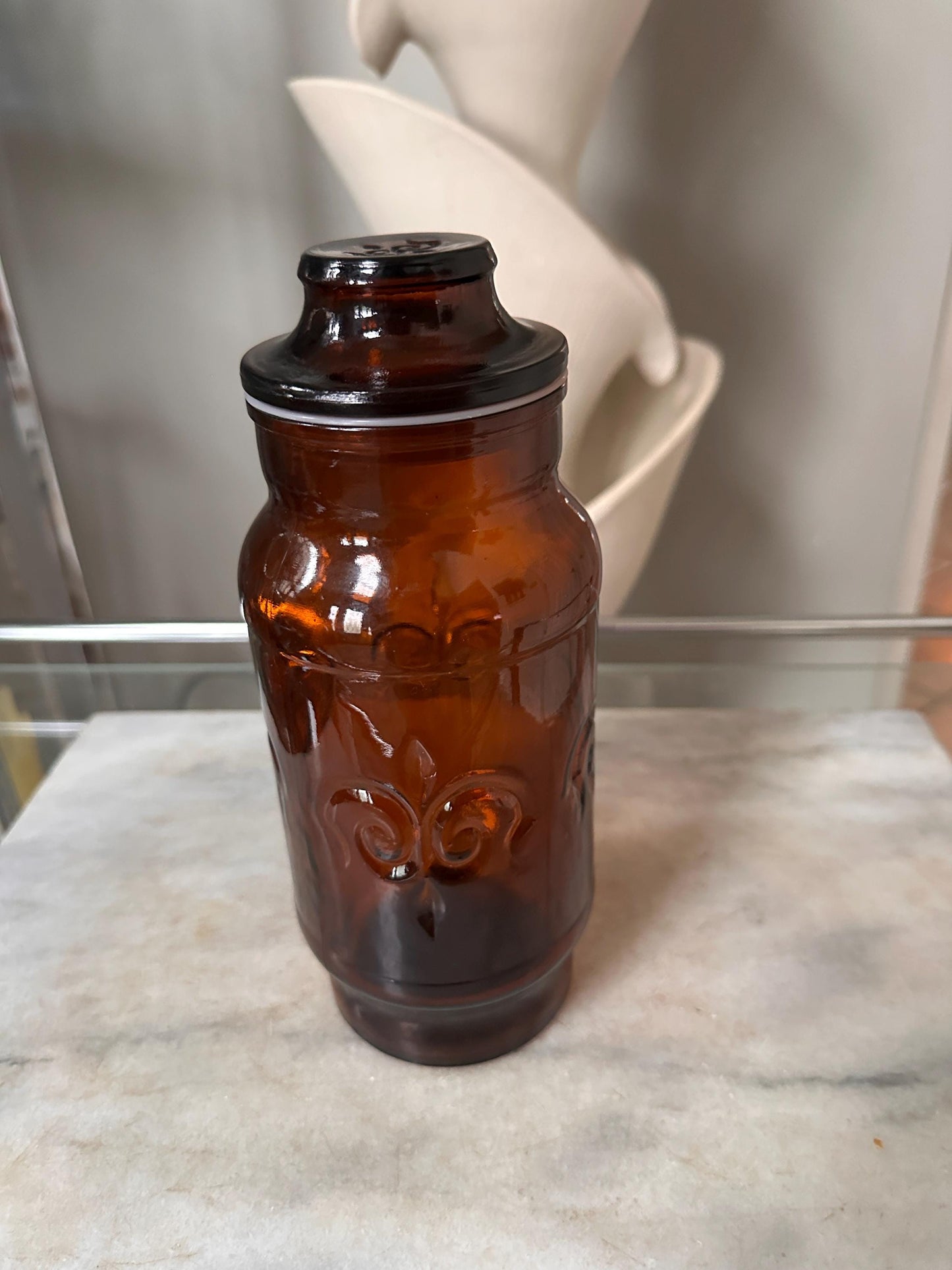 1970s Borden Cremora Amber Glass Canister: Fleur De Lis Apothecary Jar