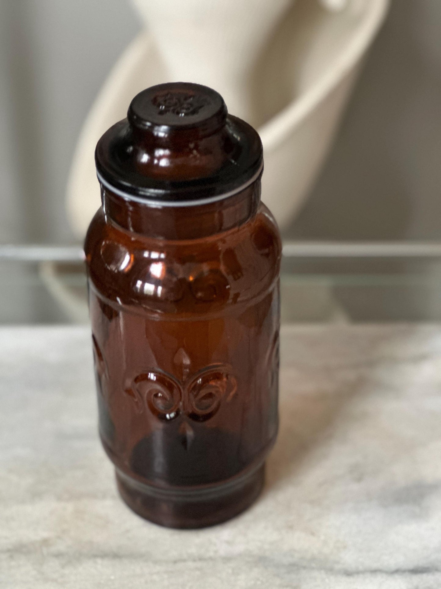 1970s Borden Cremora Amber Glass Canister: Fleur De Lis Apothecary Jar