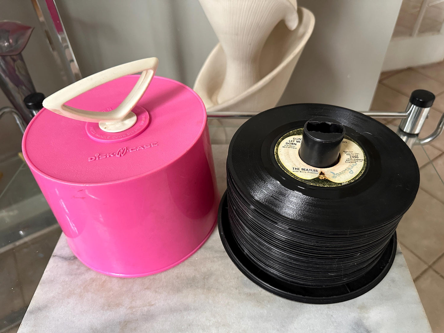 Vintage Groovy  Plastic 45 RPM Case | Pink  Disk-Go-Case | Includes Fifty (50) 45's from the 50s, 60s, 70s & 80s - includes Beatles
