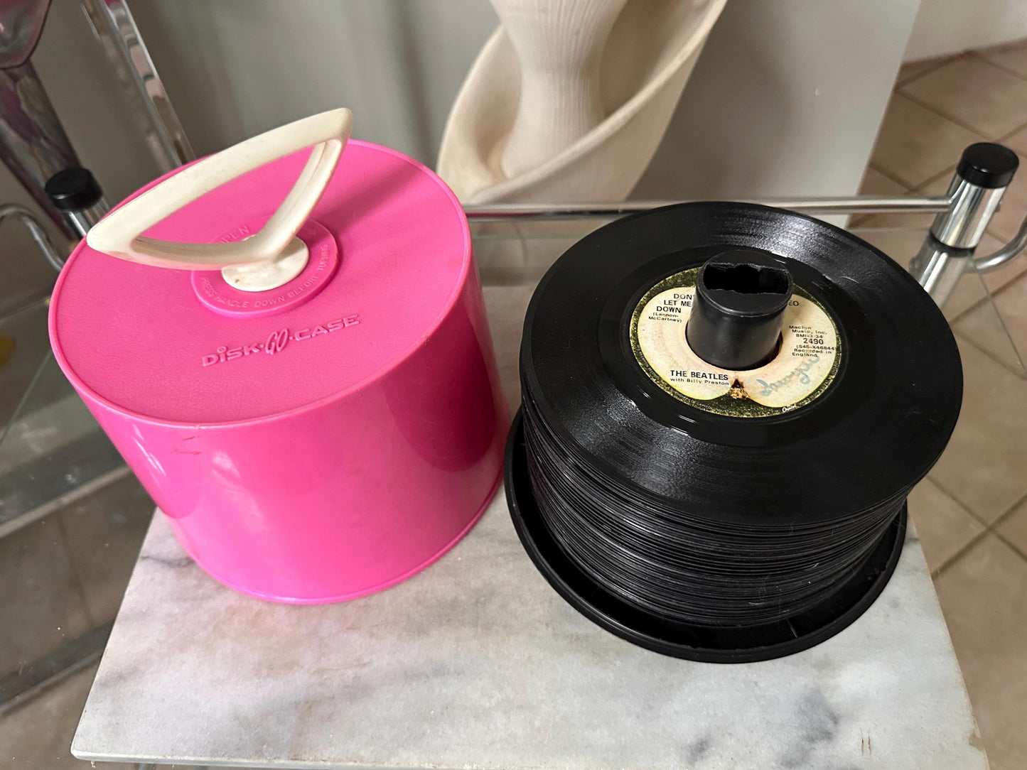 Vintage Groovy  Plastic 45 RPM Case | Pink  Disk-Go-Case | Includes Fifty (50) 45's from the 50s, 60s, 70s & 80s - includes Beatles