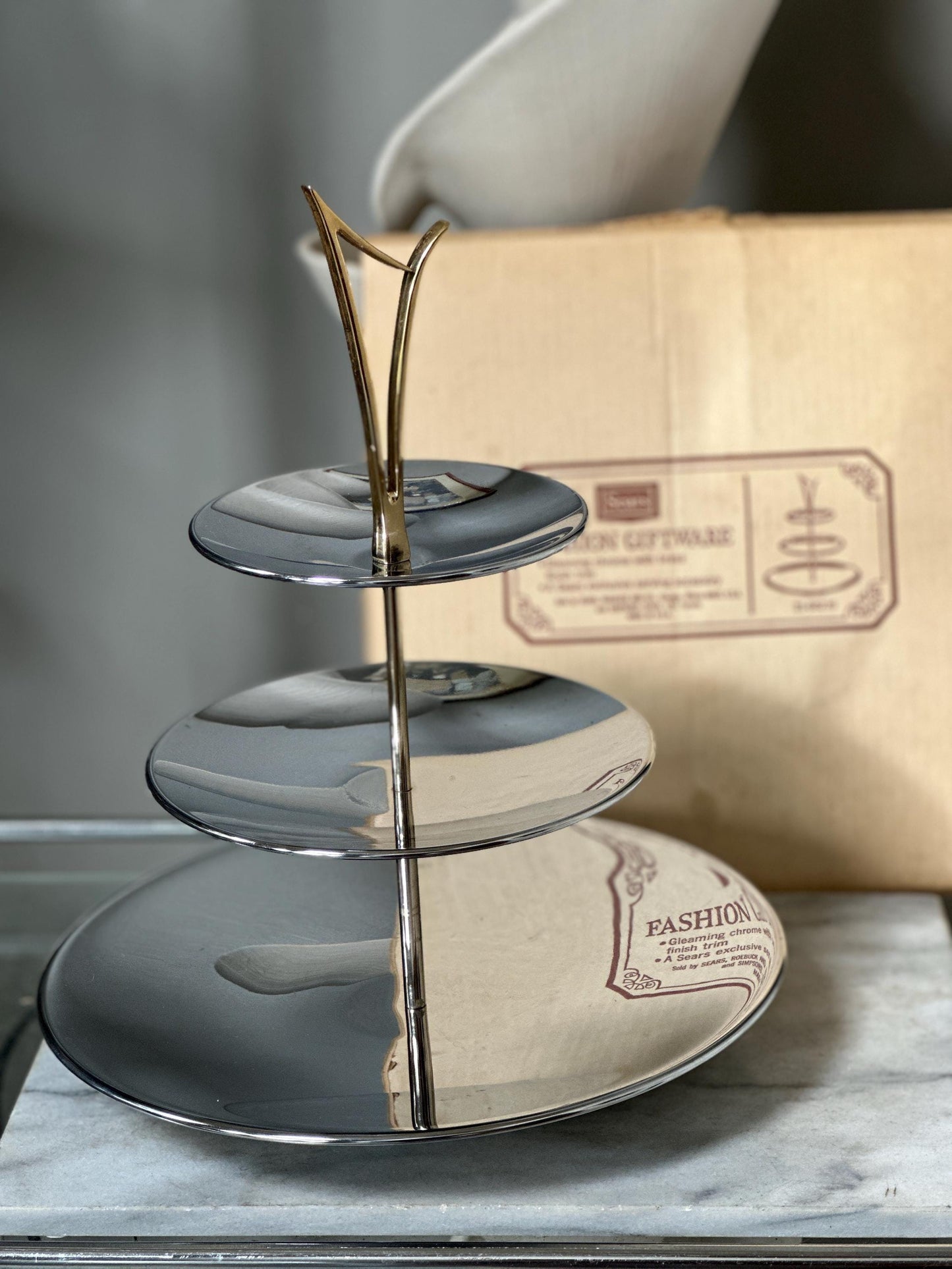 Vintage Mid-Century Modern 3-Tier Chrome Tidbit Tiered Tra by Kromex – Atomic Gold-Tone Handle – Sears “Fashion Giftware” Collection – w Box