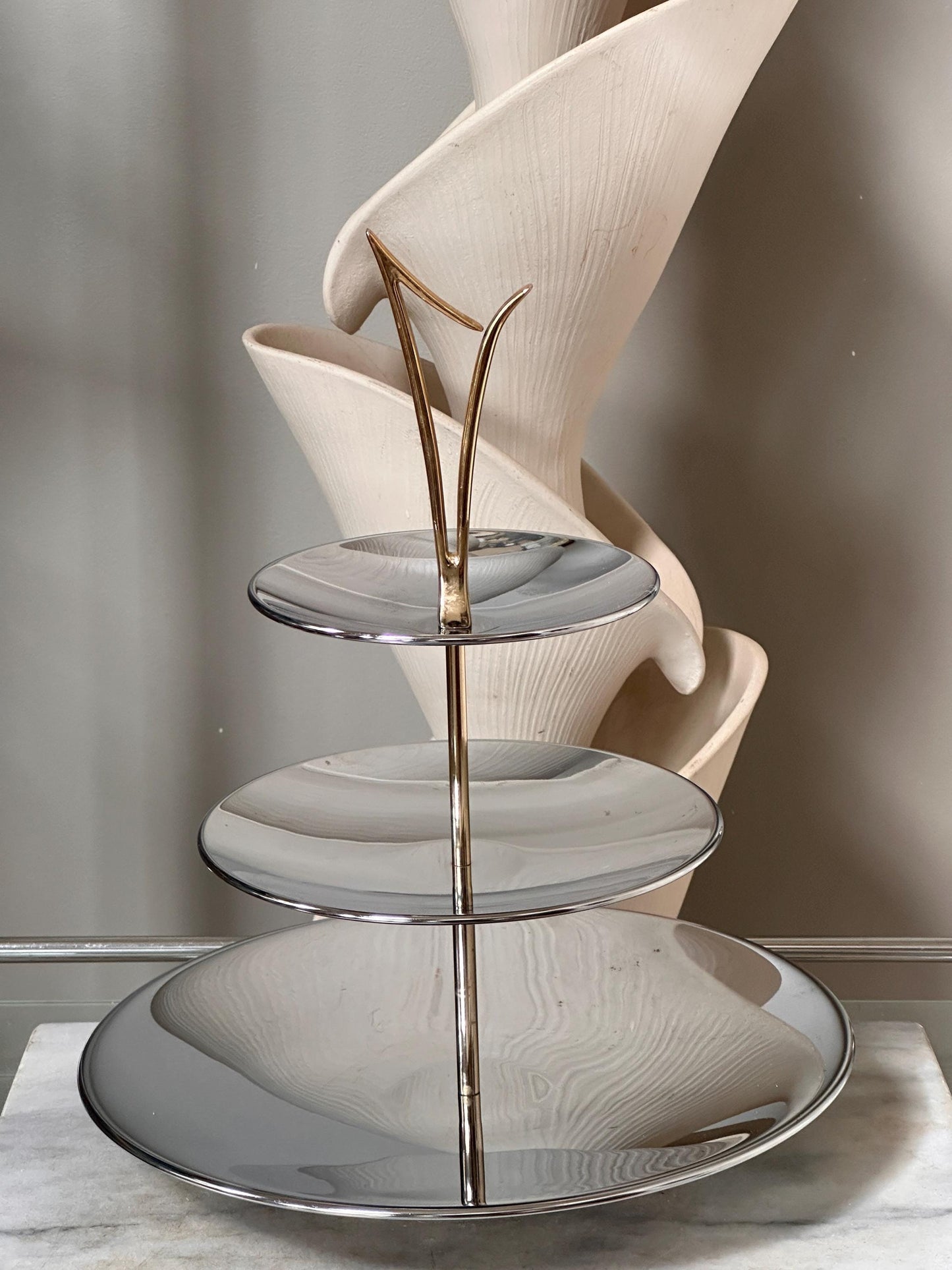 Vintage Mid-Century Modern 3-Tier Chrome Tidbit Tiered Tra by Kromex – Atomic Gold-Tone Handle – Sears “Fashion Giftware” Collection – w Box