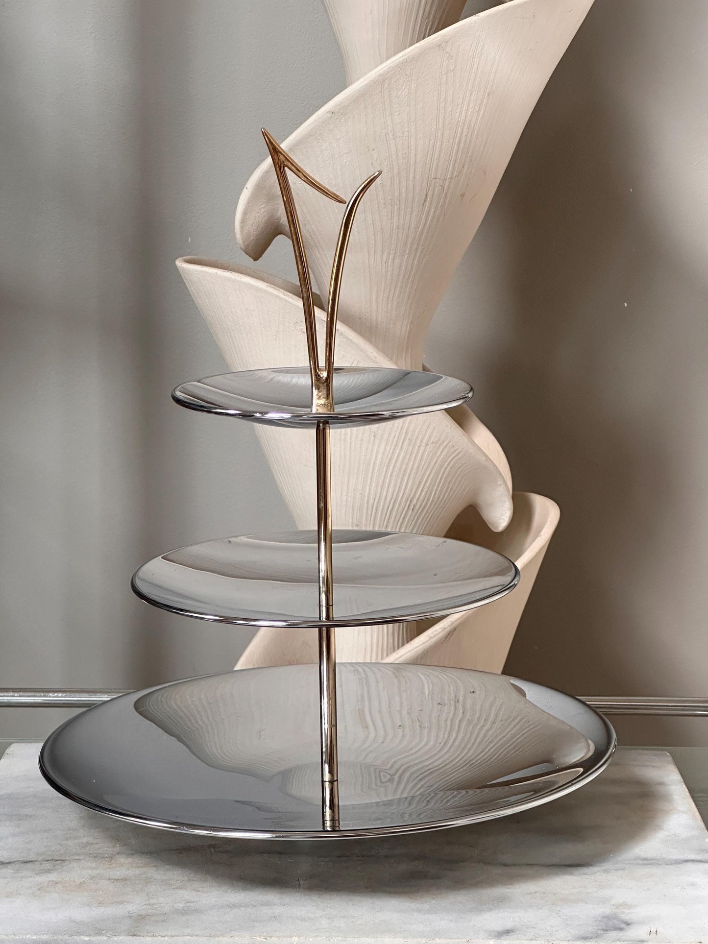 Vintage Mid-Century Modern 3-Tier Chrome Tidbit Tiered Tra by Kromex – Atomic Gold-Tone Handle – Sears “Fashion Giftware” Collection – w Box