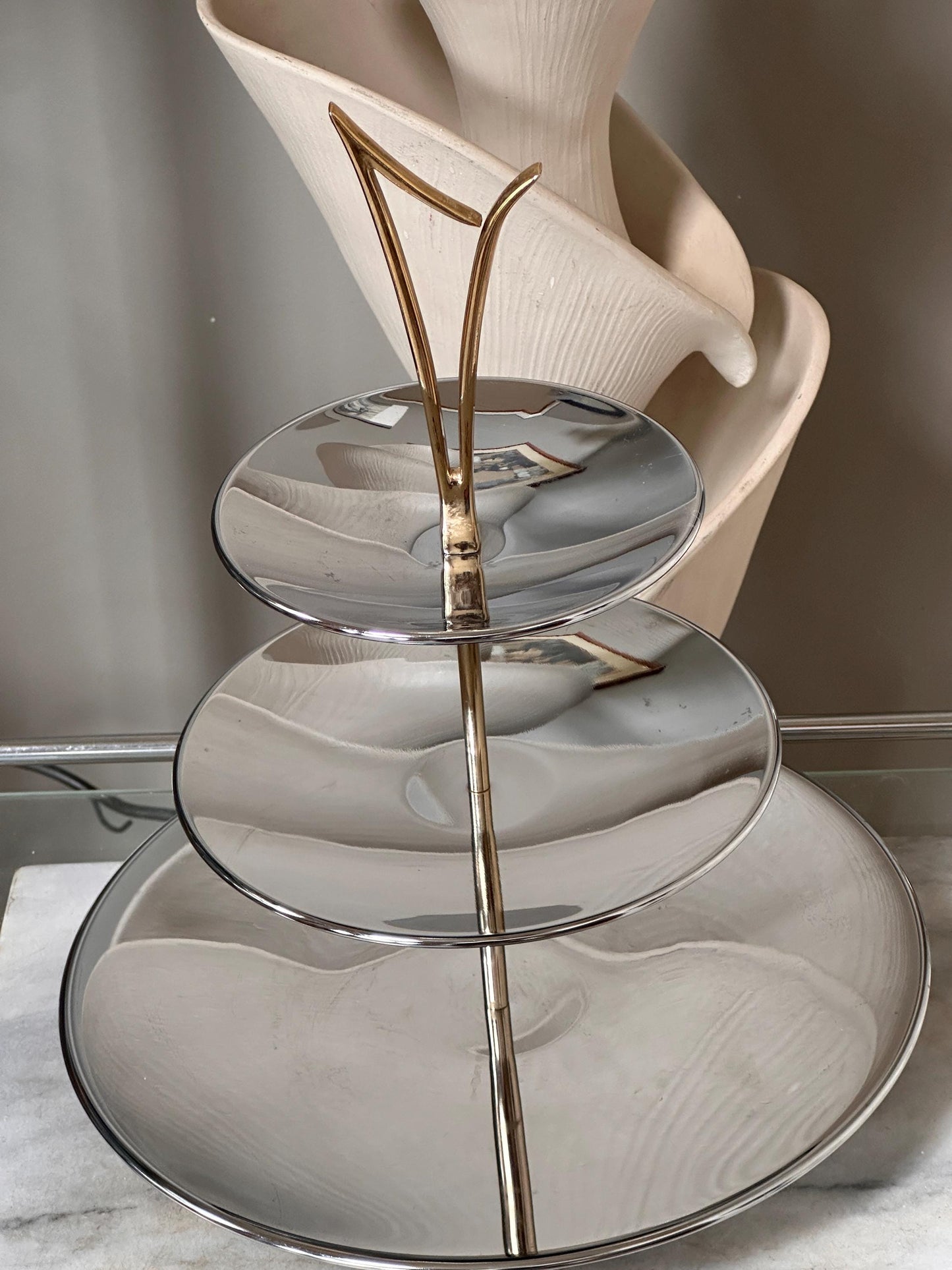 Vintage Mid-Century Modern 3-Tier Chrome Tidbit Tiered Tra by Kromex – Atomic Gold-Tone Handle – Sears “Fashion Giftware” Collection – w Box