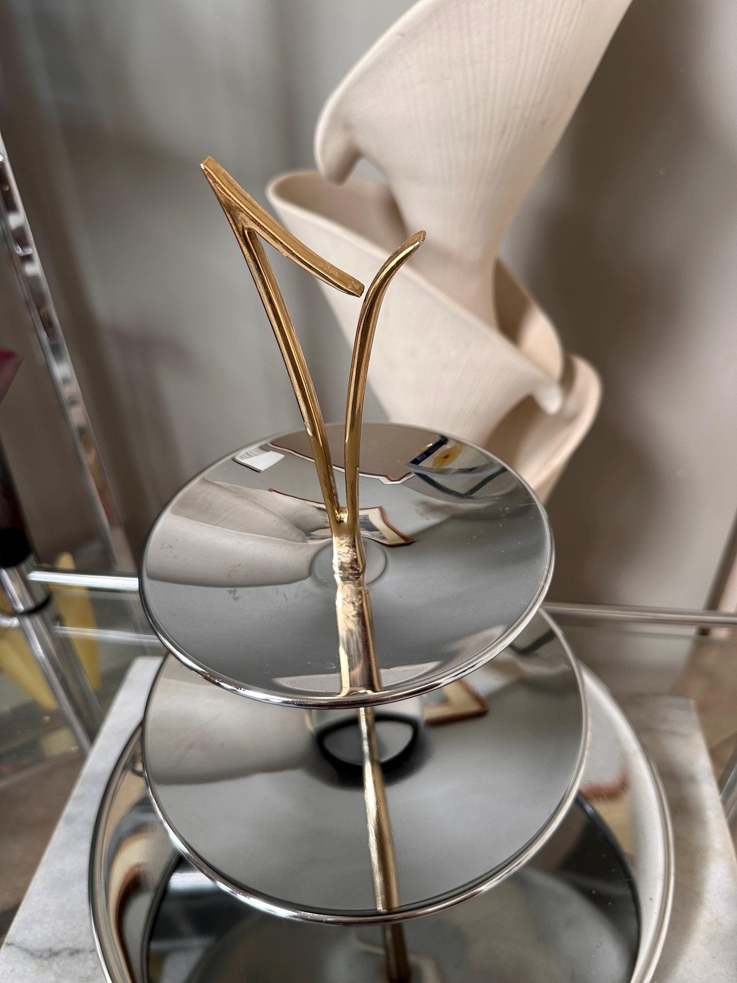 Vintage Mid-Century Modern 3-Tier Chrome Tidbit Tiered Tra by Kromex – Atomic Gold-Tone Handle – Sears “Fashion Giftware” Collection – w Box