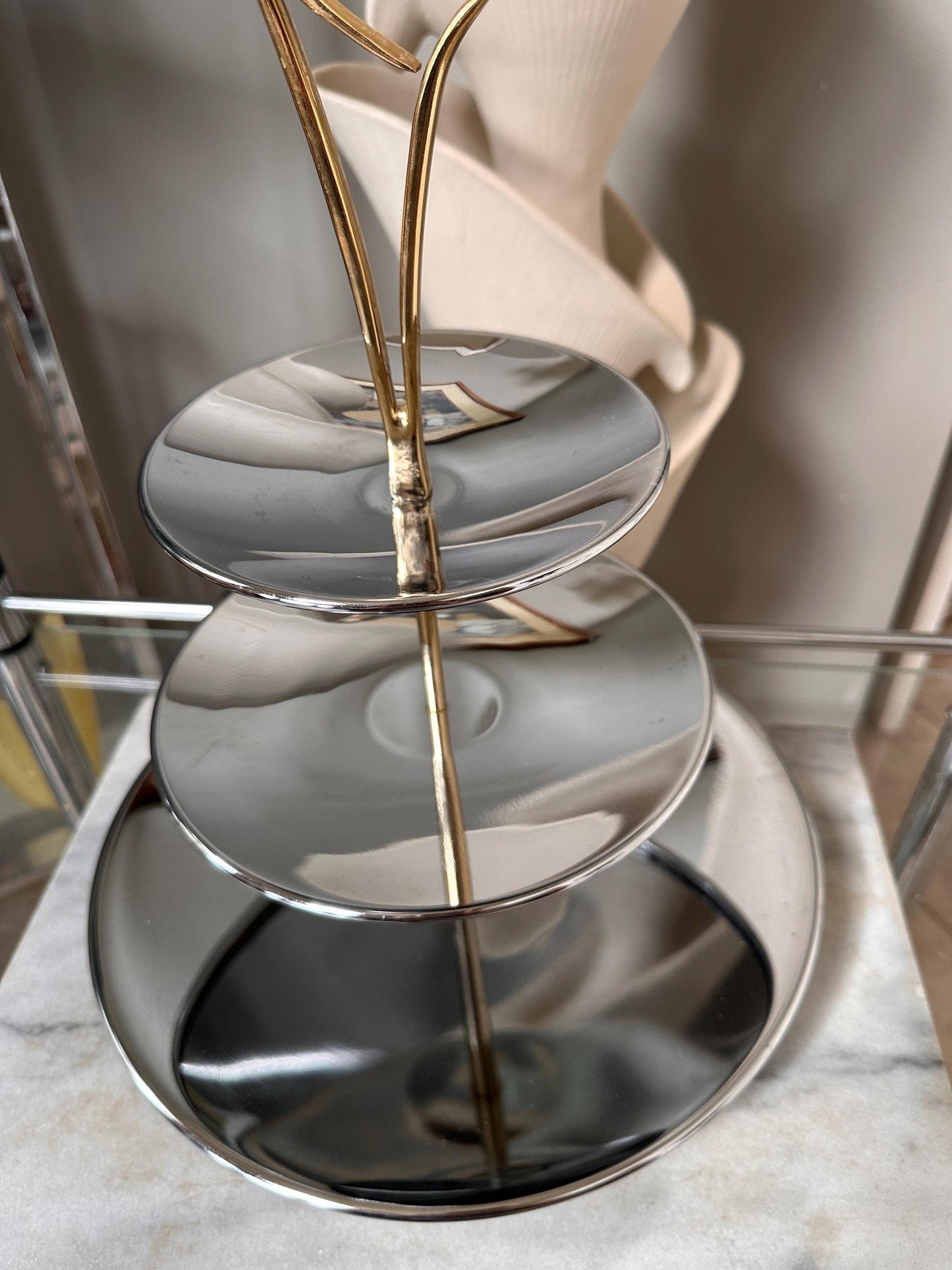 Vintage Mid-Century Modern 3-Tier Chrome Tidbit Tiered Tra by Kromex – Atomic Gold-Tone Handle – Sears “Fashion Giftware” Collection – w Box