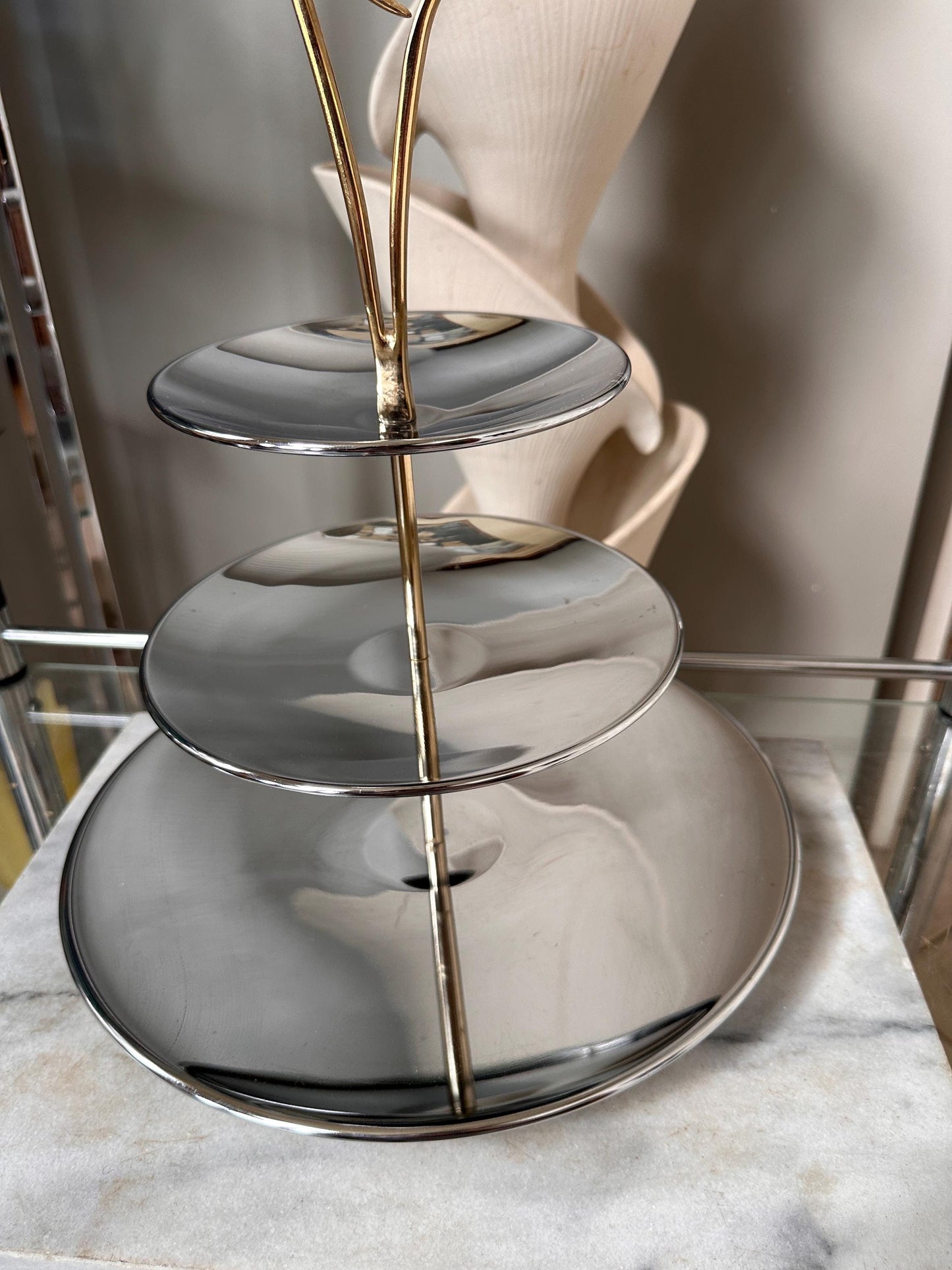 Vintage Mid-Century Modern 3-Tier Chrome Tidbit Tiered Tra by Kromex – Atomic Gold-Tone Handle – Sears “Fashion Giftware” Collection – w Box