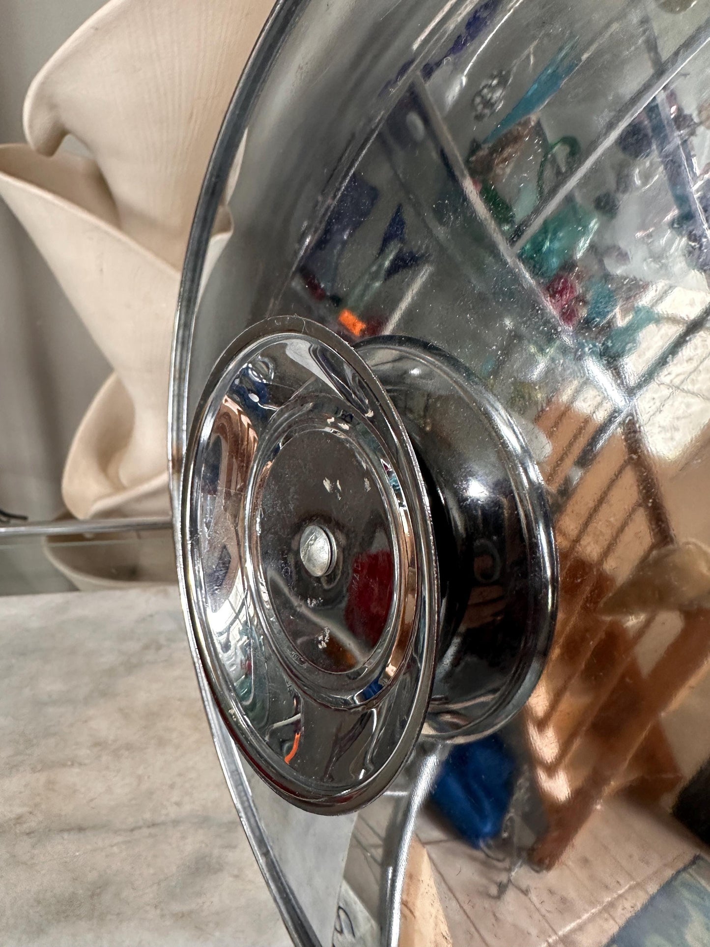 Vintage Mid-Century Modern 3-Tier Chrome Tidbit Tiered Tra by Kromex – Atomic Gold-Tone Handle – Sears “Fashion Giftware” Collection – w Box