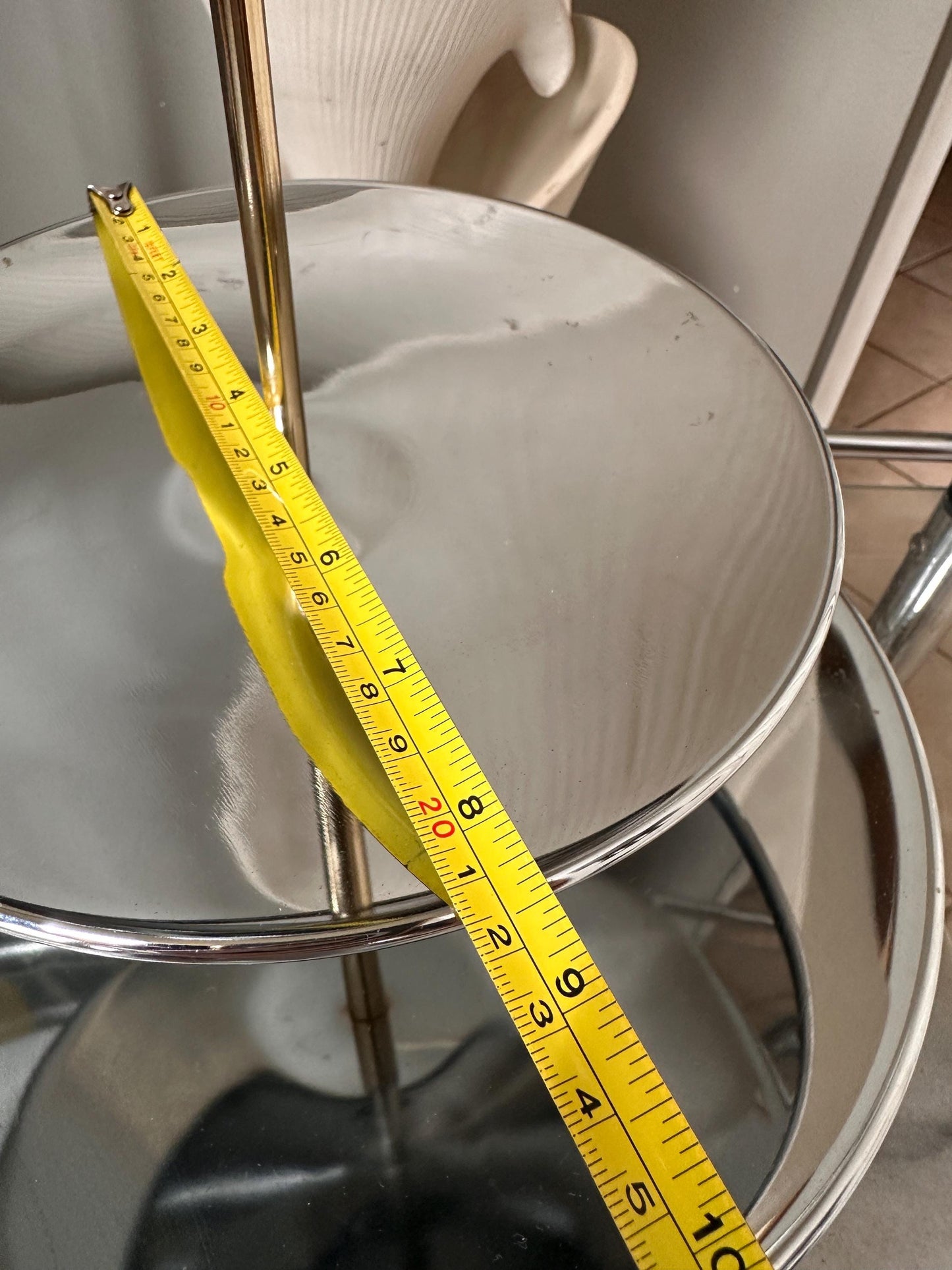 Vintage Mid-Century Modern 3-Tier Chrome Tidbit Tiered Tra by Kromex – Atomic Gold-Tone Handle – Sears “Fashion Giftware” Collection – w Box