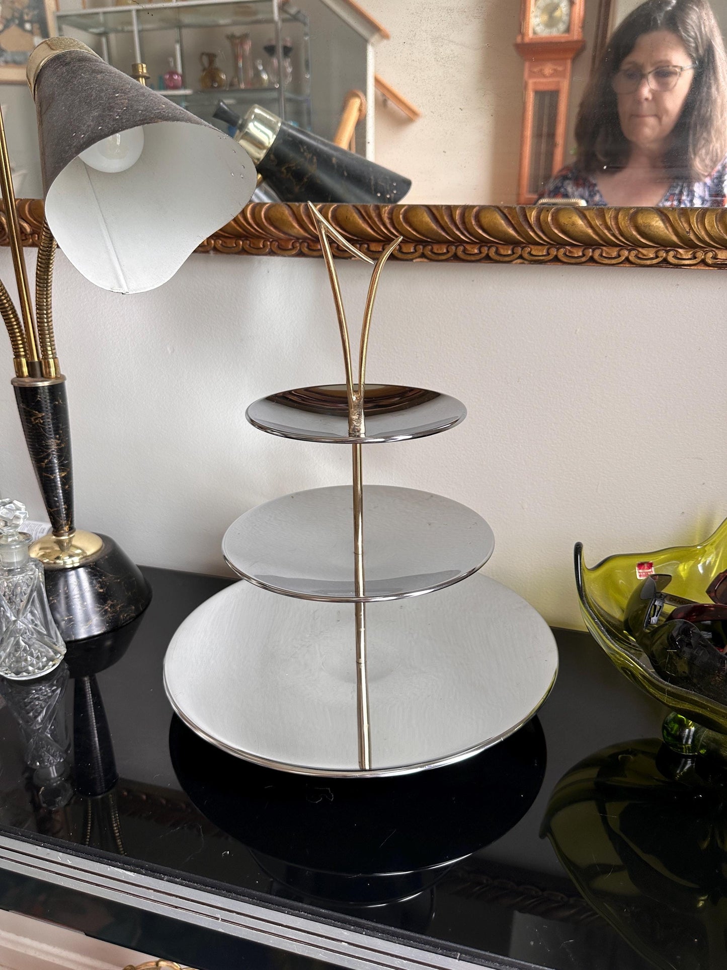 Vintage Mid-Century Modern 3-Tier Chrome Tidbit Tiered Tra by Kromex – Atomic Gold-Tone Handle – Sears “Fashion Giftware” Collection – w Box