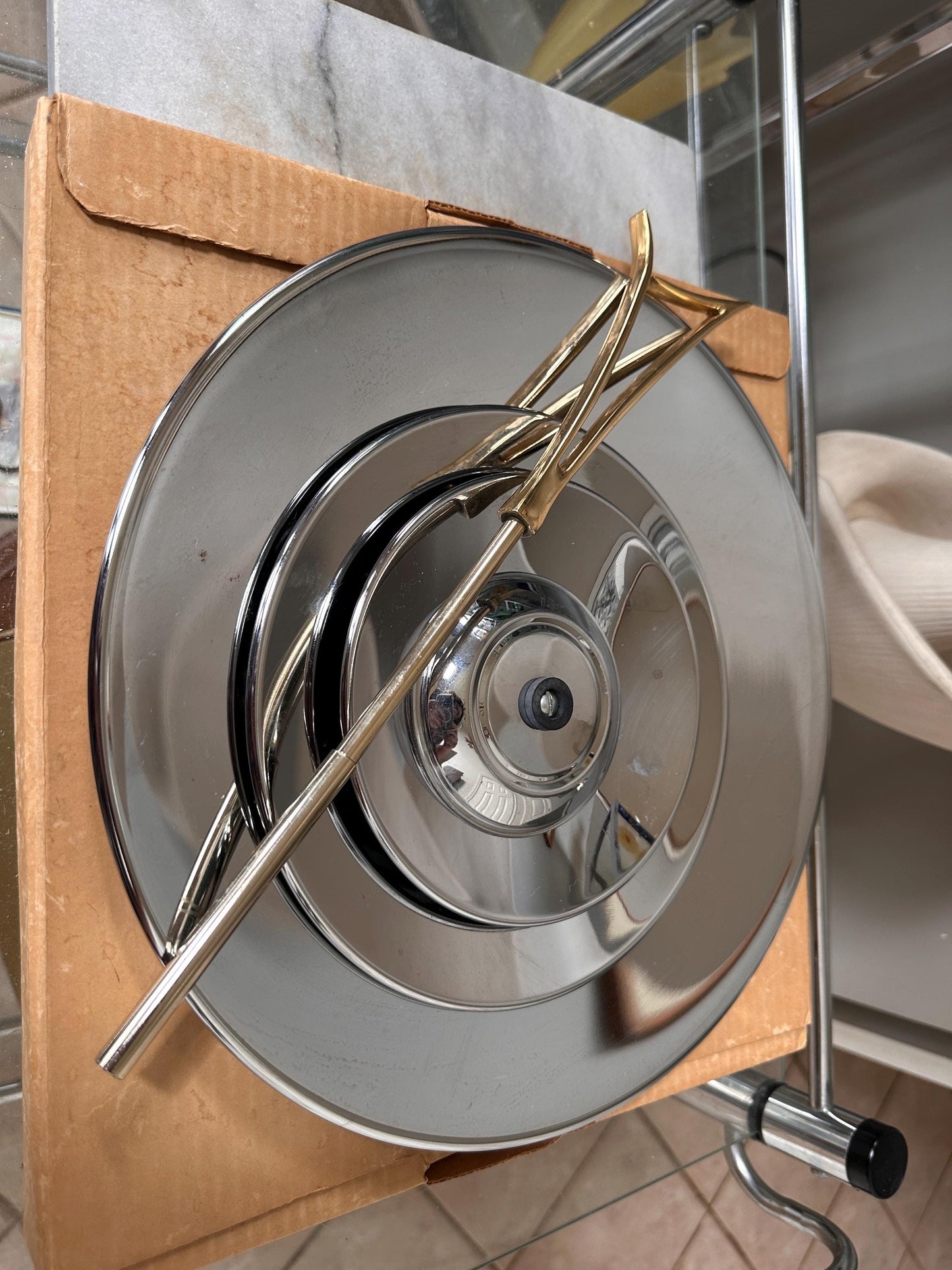 Vintage Mid-Century Modern 3-Tier Chrome Tidbit Tiered Tra by Kromex – Atomic Gold-Tone Handle – Sears “Fashion Giftware” Collection – w Box