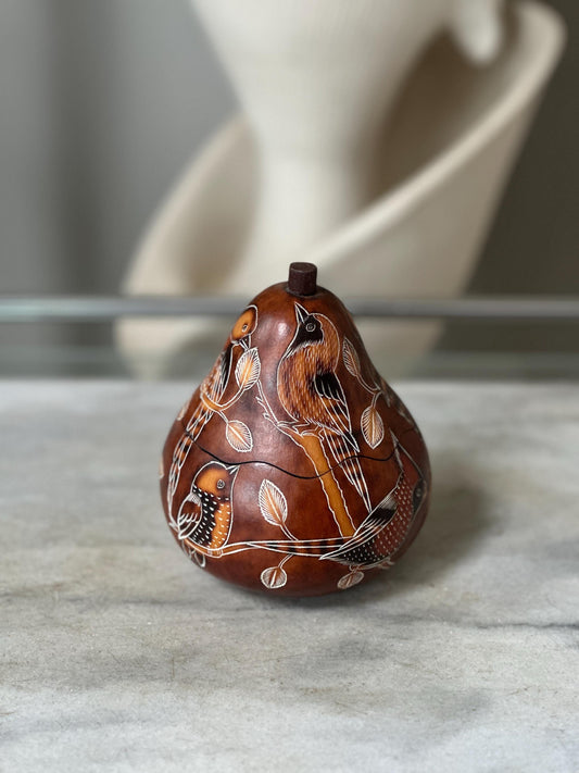 Peruvian Hand-Carved Gourd Box | Mate Burilado Folk Art Trinket Container | Pyrography & Etched Birds and Botanical Design