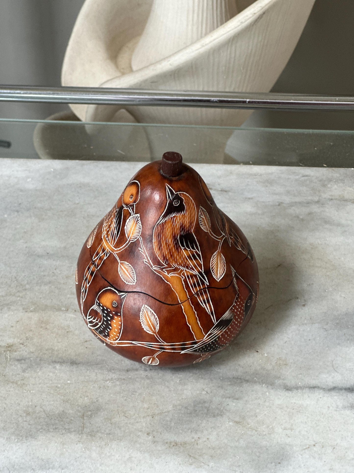 Peruvian Hand-Carved Gourd Box | Mate Burilado Folk Art Trinket Container | Pyrography & Etched Birds and Botanical Design