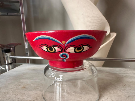 Vintage Hand-Painted Nepal Wooden Incense Burner | Buddha Wisdom Eyes Incense Holder | Handmade Spiritual Folk Art Decor | 4.5” x 2”