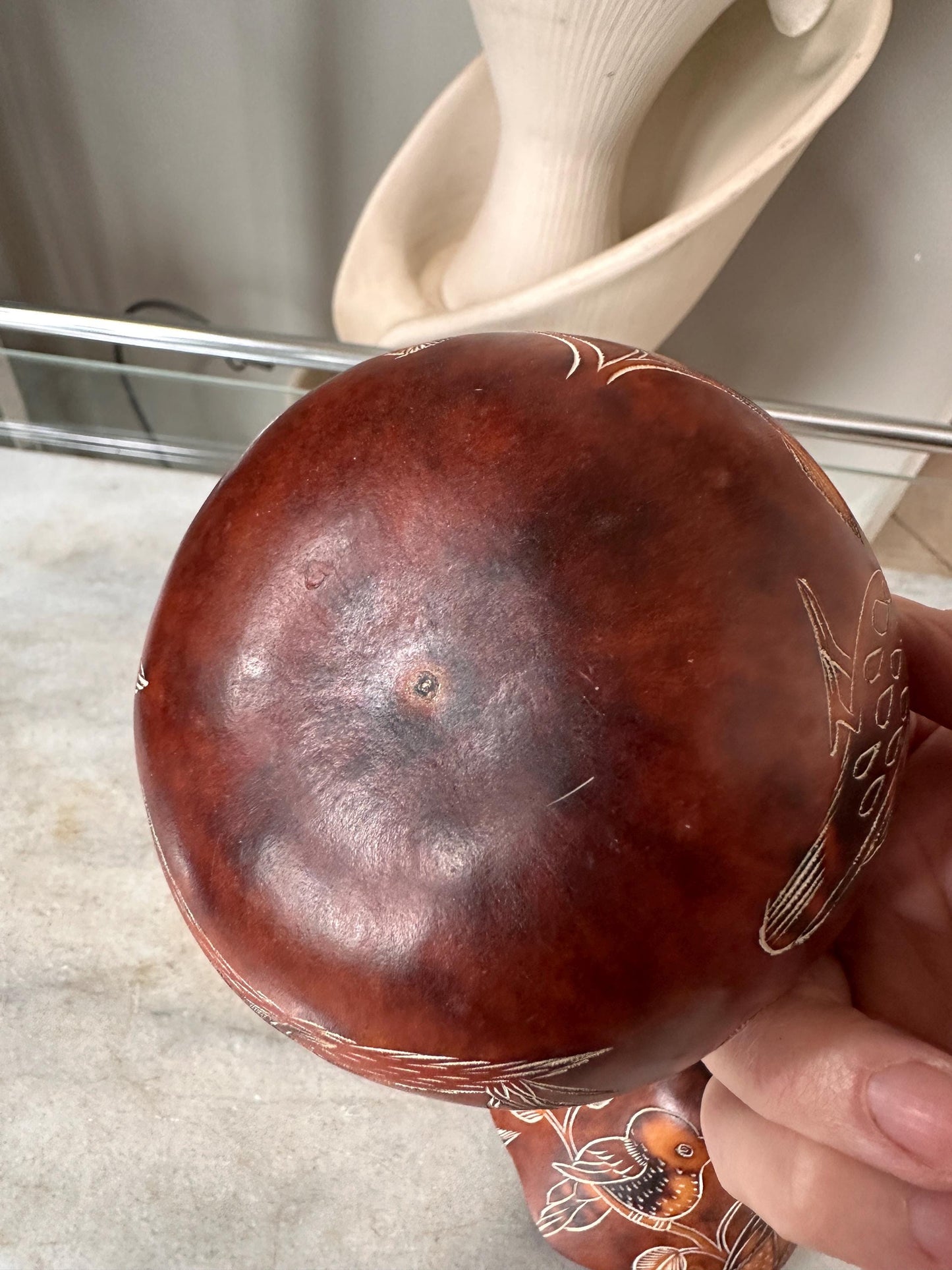 Peruvian Hand-Carved Gourd Box | Mate Burilado Folk Art Trinket Container | Pyrography & Etched Birds and Botanical Design