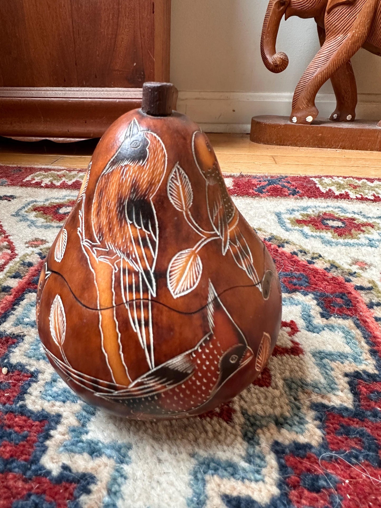 Peruvian Hand-Carved Gourd Box | Mate Burilado Folk Art Trinket Container | Pyrography & Etched Birds and Botanical Design