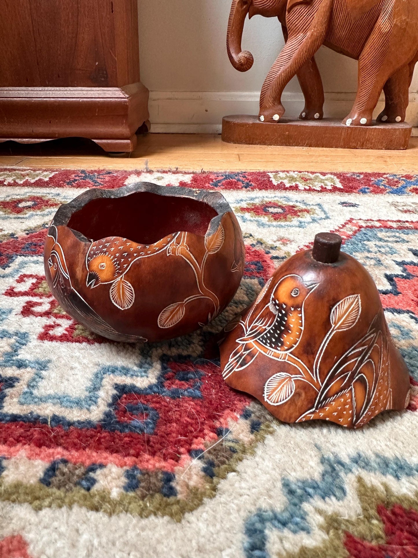 Peruvian Hand-Carved Gourd Box | Mate Burilado Folk Art Trinket Container | Pyrography & Etched Birds and Botanical Design