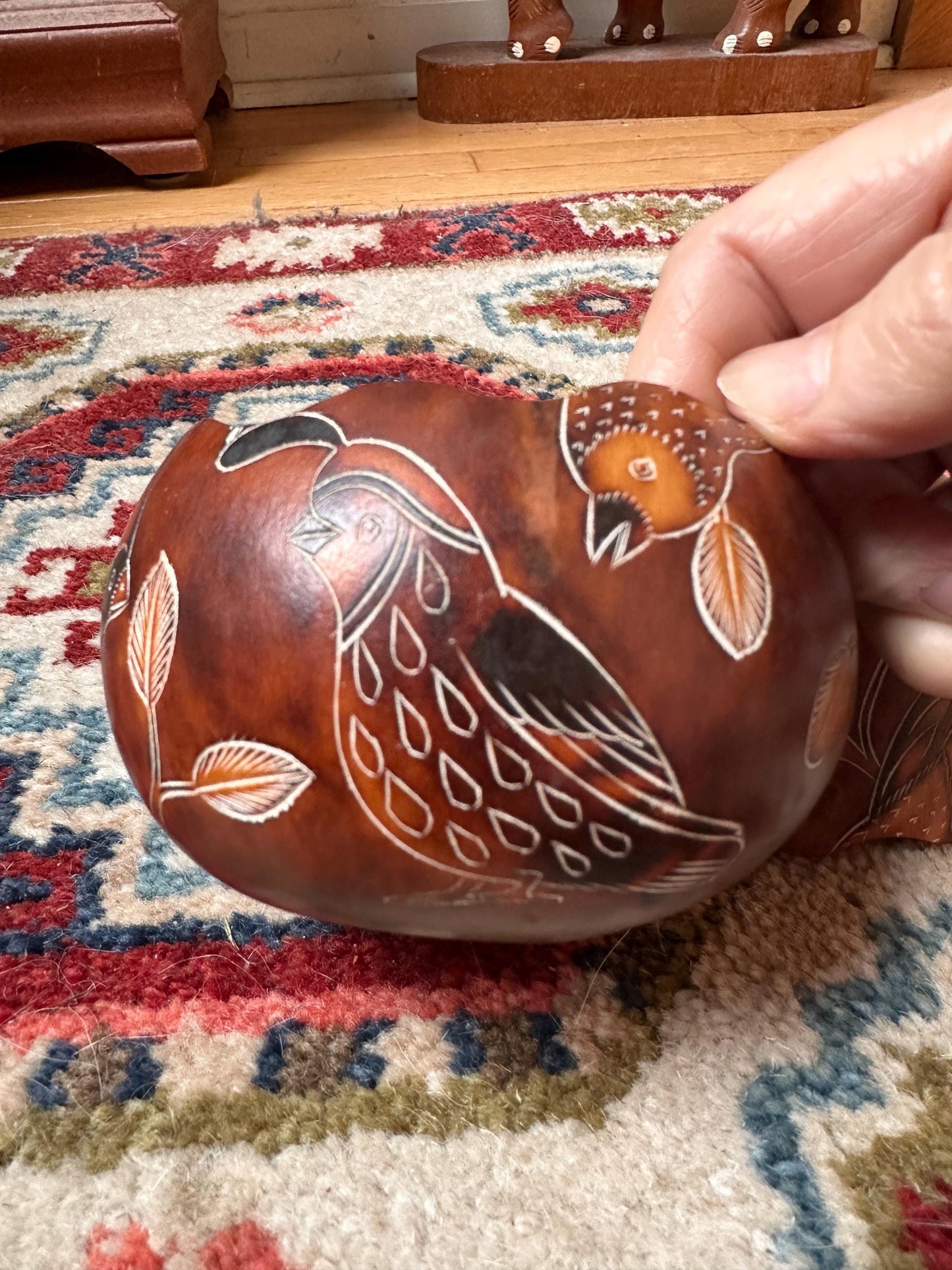Peruvian Hand-Carved Gourd Box | Mate Burilado Folk Art Trinket Container | Pyrography & Etched Birds and Botanical Design