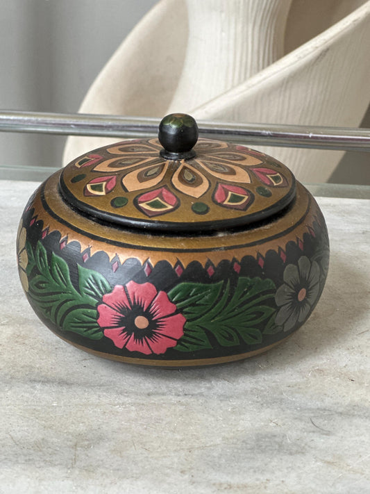 Vintage Mid-Century Russian Folk Art Wooden Salt Box | Hand-Turned & Hand-Painted Floral Design | Rustic Cottage Kitchen Decor